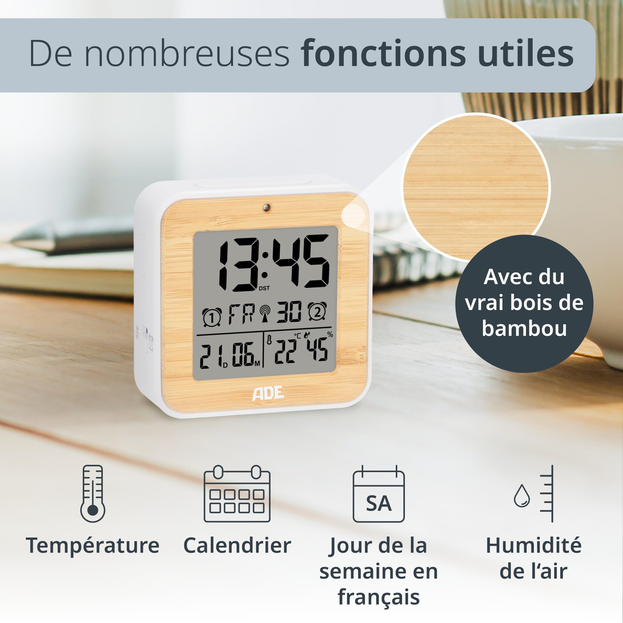 Réveil miroir numérique avec projection et affichage de la température, grand écran LED, fonction USB, boîtier blanc et lumière blanche | Leroy Merlin