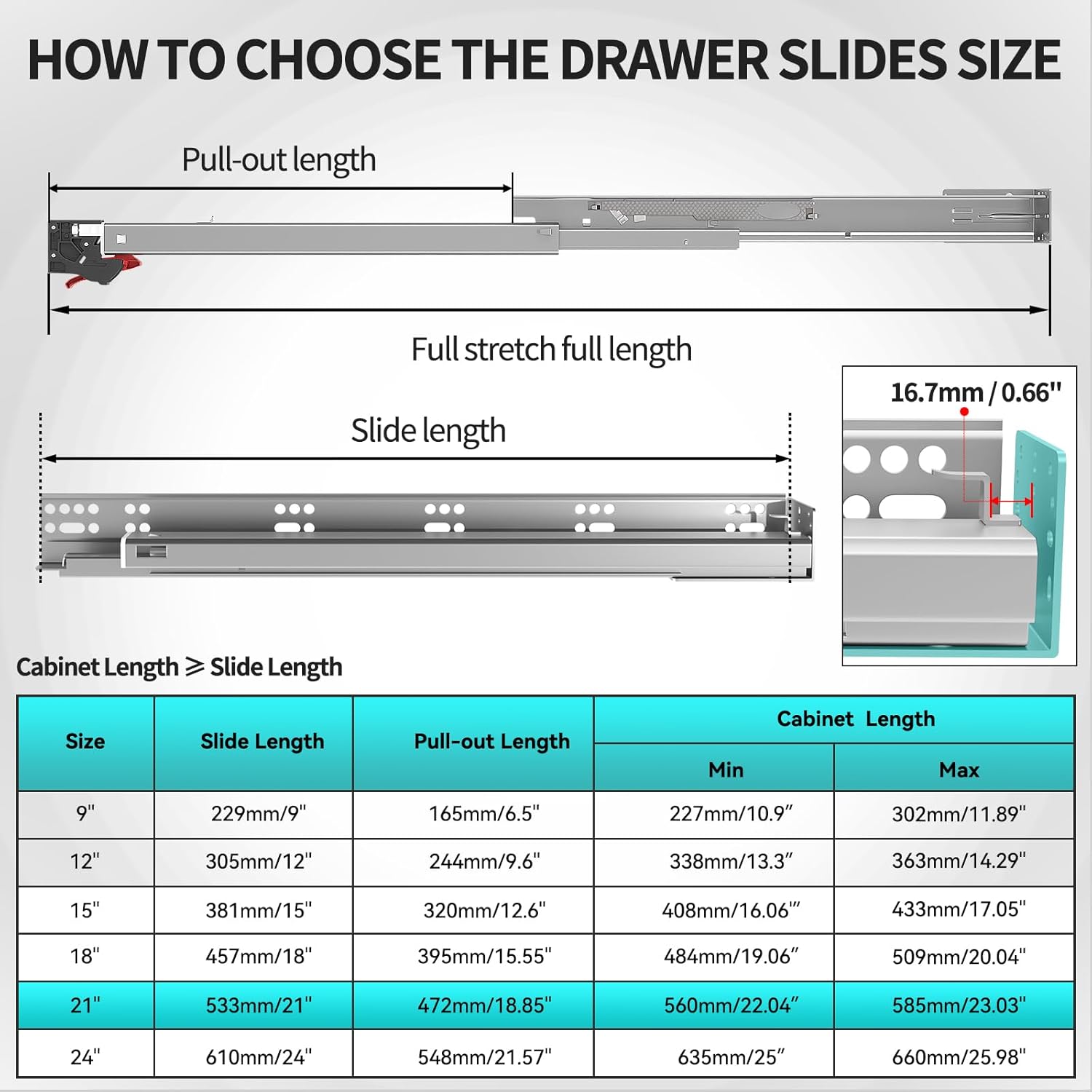 Soft Close Bottom Mount Drawer Slides 21 Inch Rails with Rear mounting Bracket Locking Devices Screws for Face Frame Or Frameless Application(21 inch, 1 Pair) - Image 6