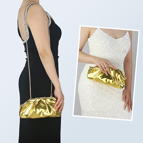 Vista 6 de Bolsos de noche para mujer, color puro, cuero suave, con volantes, bolso cruzado con cadena de metal extraíble Oro