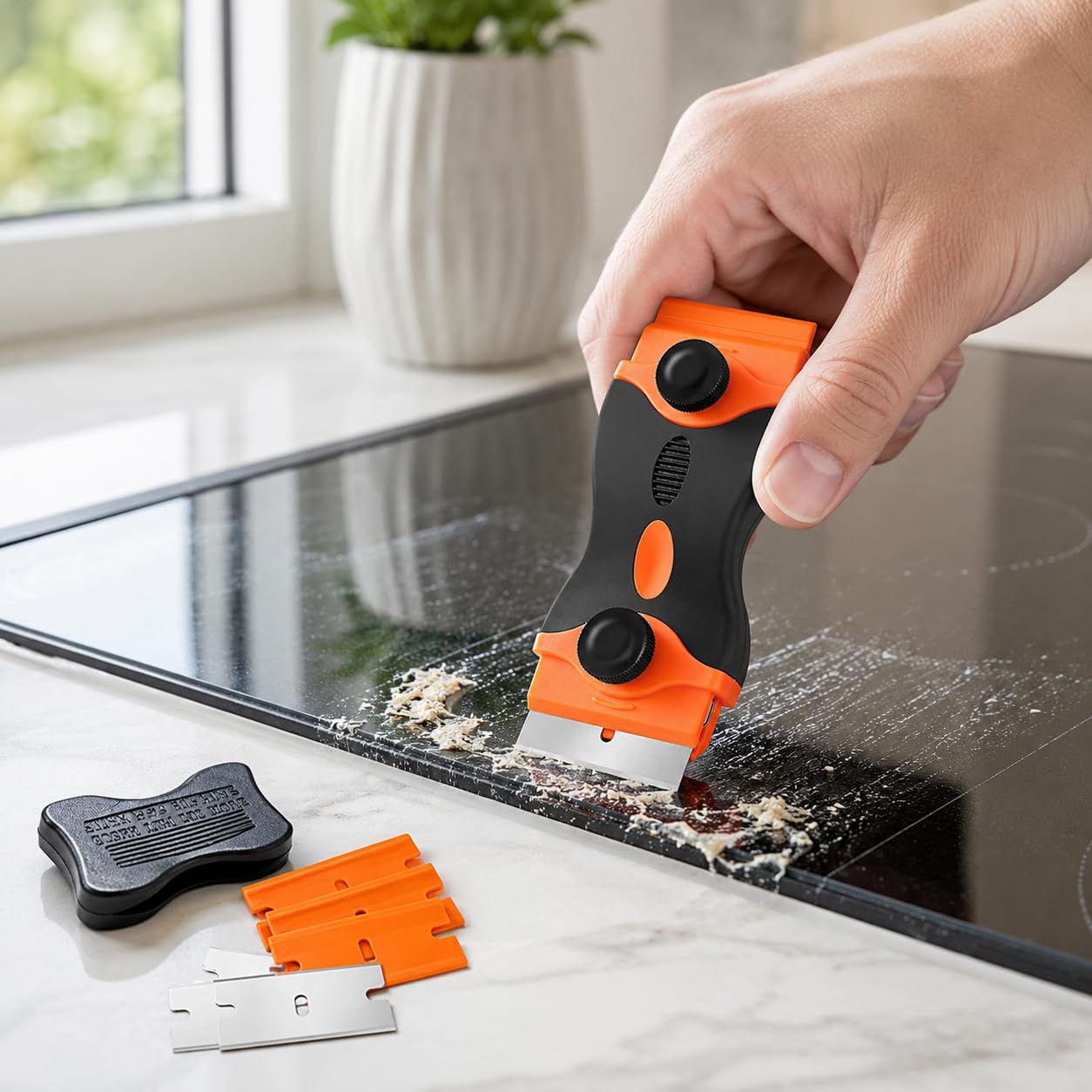 Sulfar Glue Remover Cleaning Scraper Tool Double Edged Multipurpose Removing Paint, Labels, Sticker, 7 Piece Plastic Blades and 7 Piece Metal Blades
