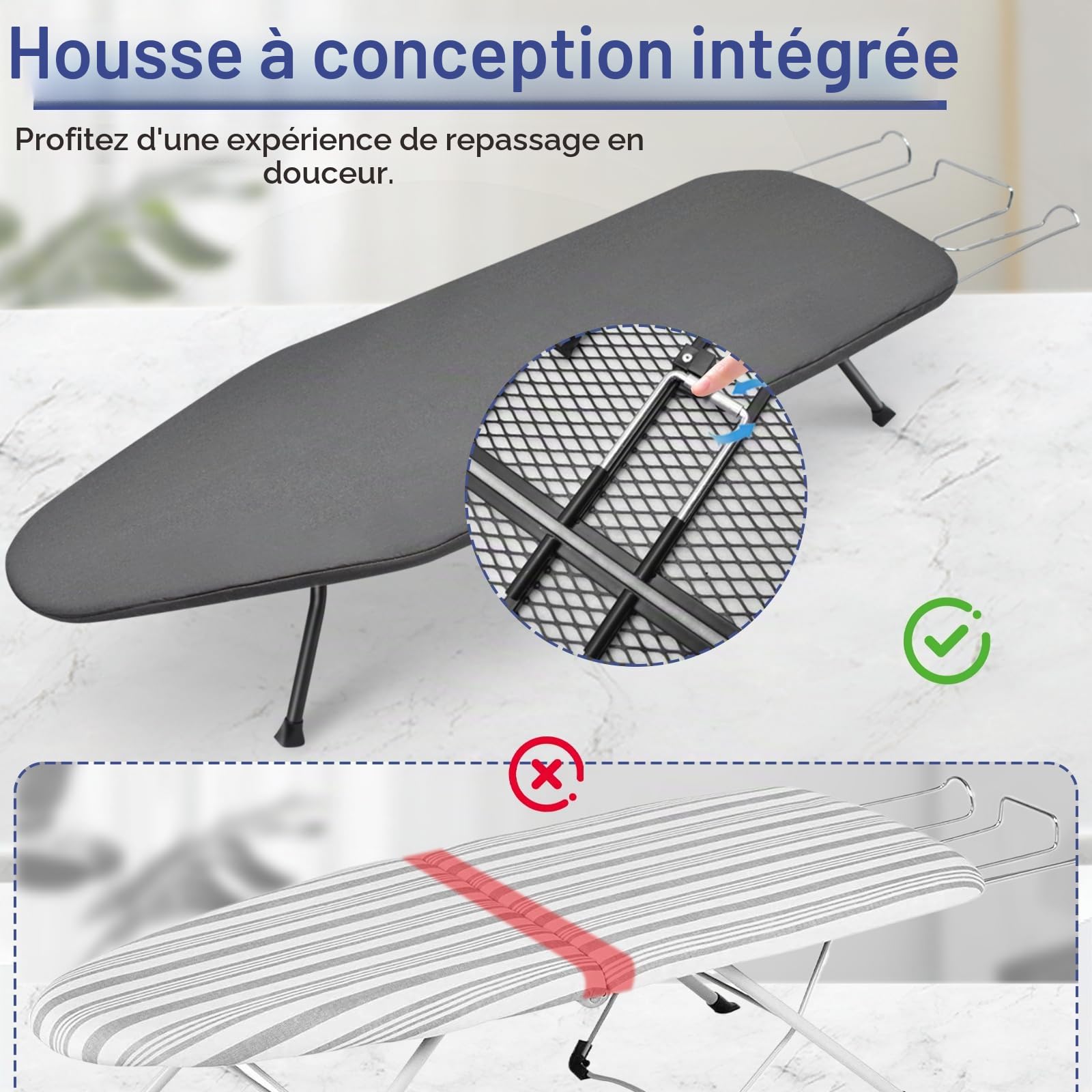 Table à Repasser avec Porte-Fer, Planche Repasser Pliable avec Housse Coton, Maille Métallique, Pieds Antidérapants, pour Fer Vapeur Domicile Voyage, Gris Foncé