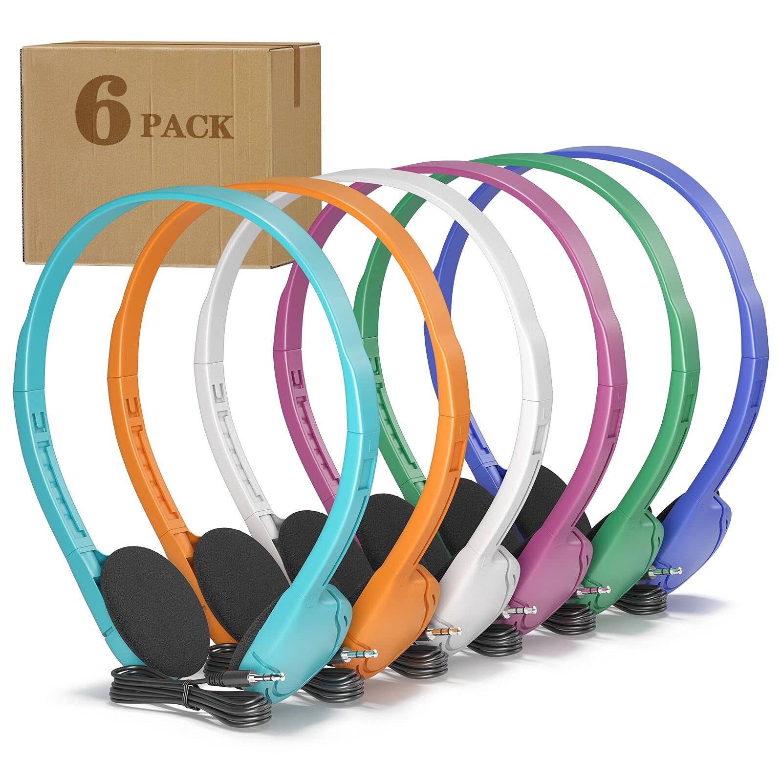 Keewonda Kids Headphones in Bulk 6 Pack, Wholesale School Headphones Multi Colors for Classroom Students Teen Adults with 3.5mm Jack(No Mic)