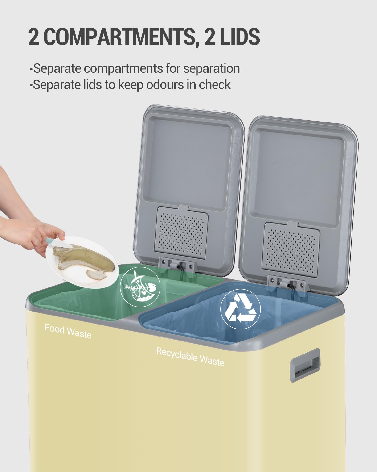 Hzuaneri Basura con Pedal, Cubos de Basura 60L (2 x 30 L), Sistema de Separación de Residuos, 15 Bolsas Exclusivas, Color Almendra SW06099Y