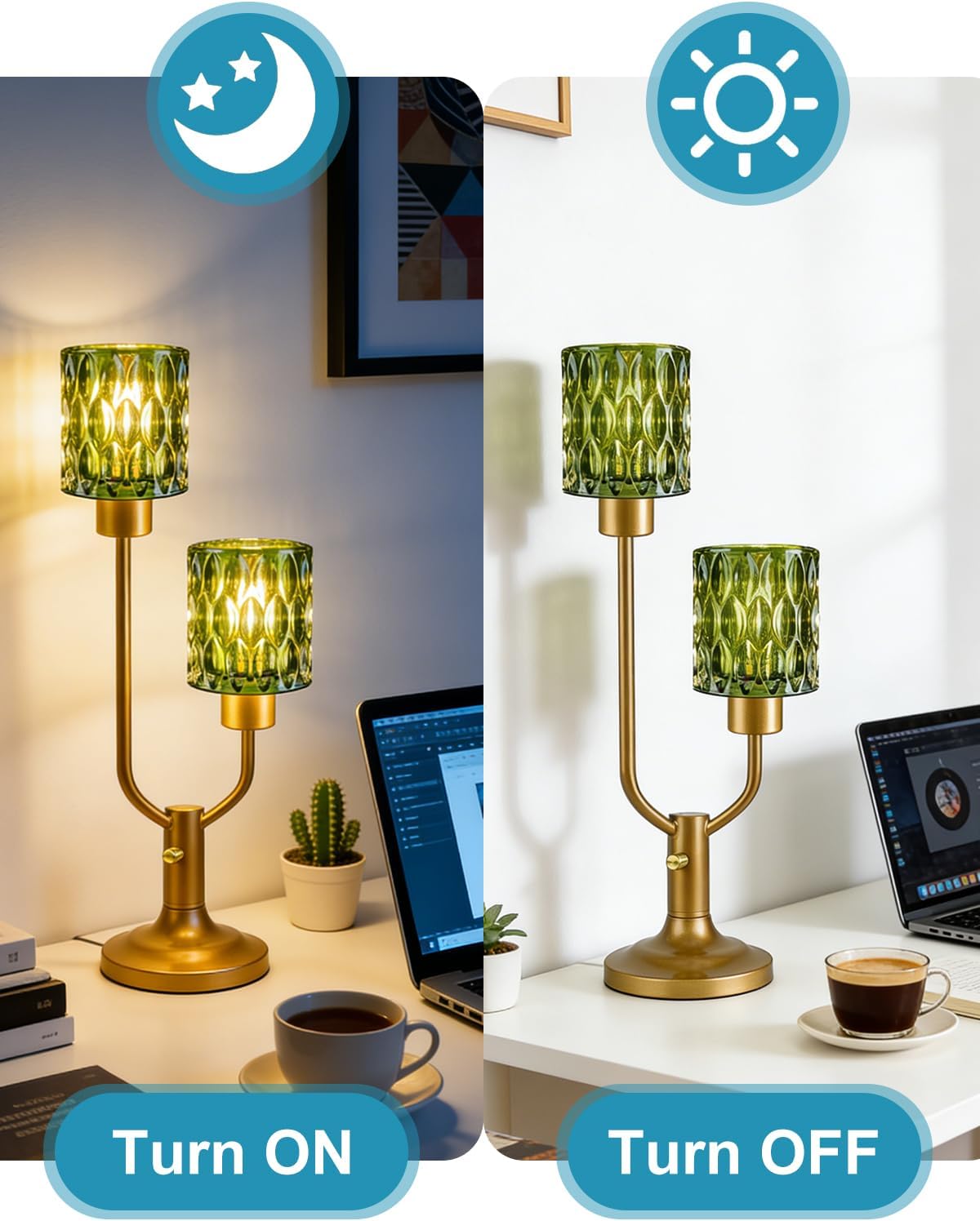Lightdot Mid Century Modern Glass Green Table Lamp Dimmable Gold Desk Lamp 2 Bulbs Included 3000K Warmwhite Nightstand Ambiance Lamp for Living Room Bedroom Bedside