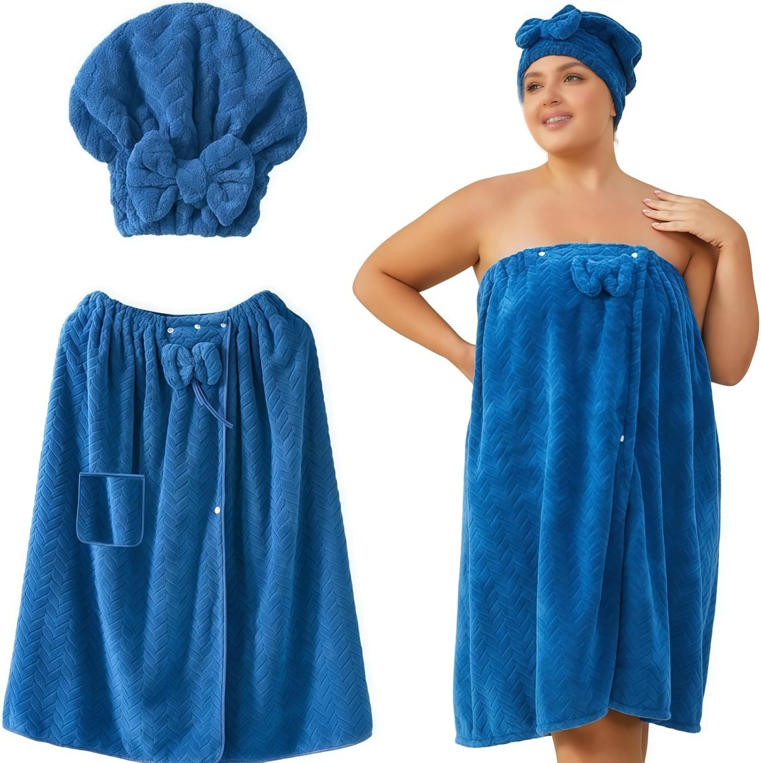 Bath Skirt and Shower Cap,Plus Size Bath Towel with Wrap Secure Non-Slip Closure,Plus Size Adjustable Bath Skirt & Quick-Dry Cap Set,Towel and Bonnet Set for Women (A)