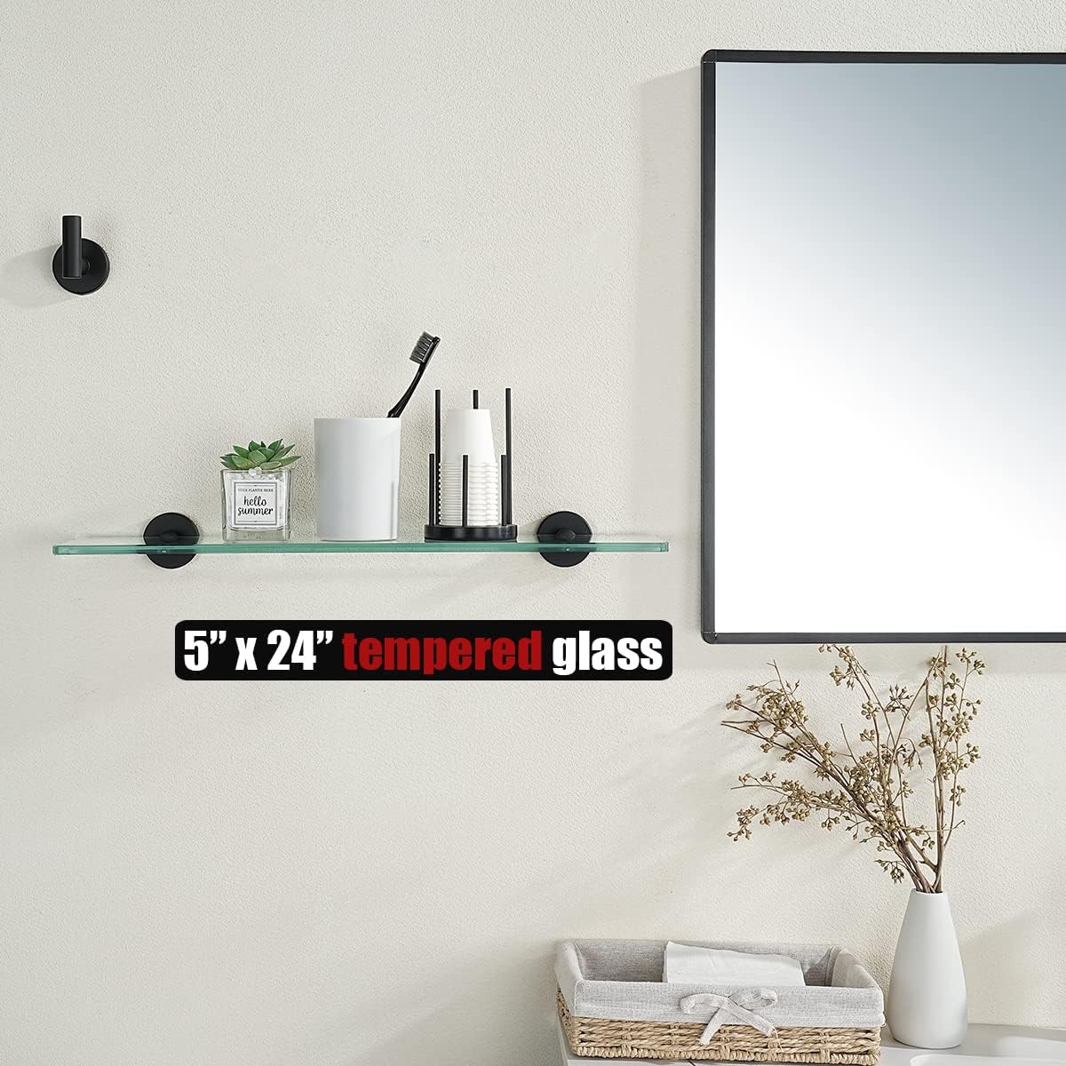 jqk bathroom glass shelf black, tempered glass shower storage 24 by 5 inches, 304 stainless steel matte black wall mount, tgs101l24-pb 24 inch (1 pack) black