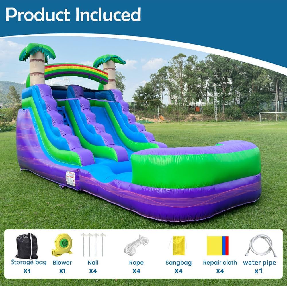 21’ Purple Tropical Lightweight Premium Commercial Grade Water Slide Inflatable with Attached Pool for Kids and Adults (with Blower), Wet Dry Use, Summer Fun
