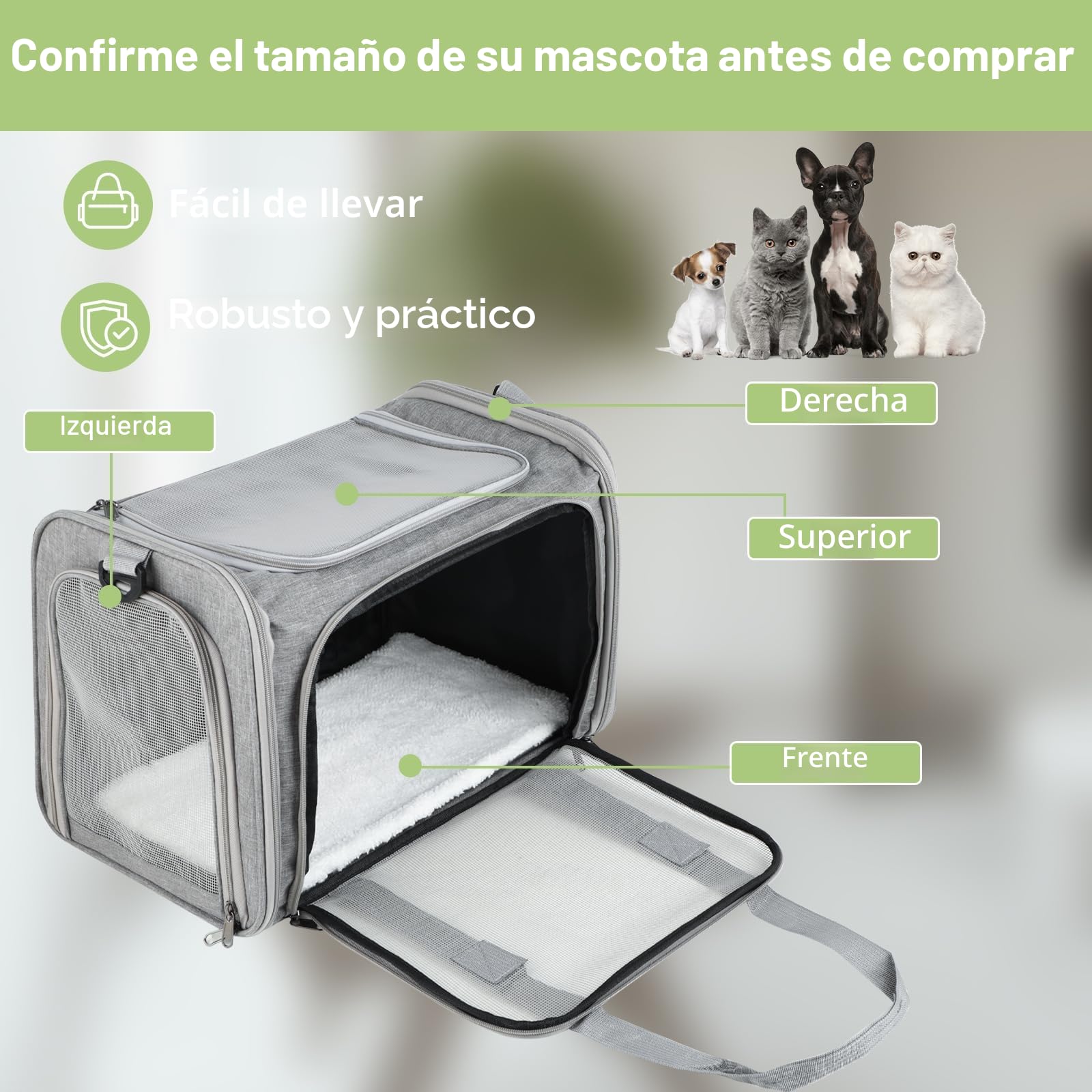 Transportín Perro Plegable – Bolso Gato Transpirable – Bolso Perro Pequeño con Correa para Viajes y Coche (Gris)