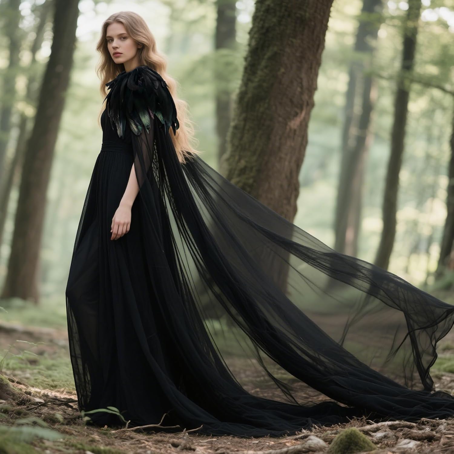 L'VOW Women's Gothic Feather Cloak Gothic Tulle Cape with Feather Collar Vampire Cloak Witches Cape Cosplay Costume - Image 8