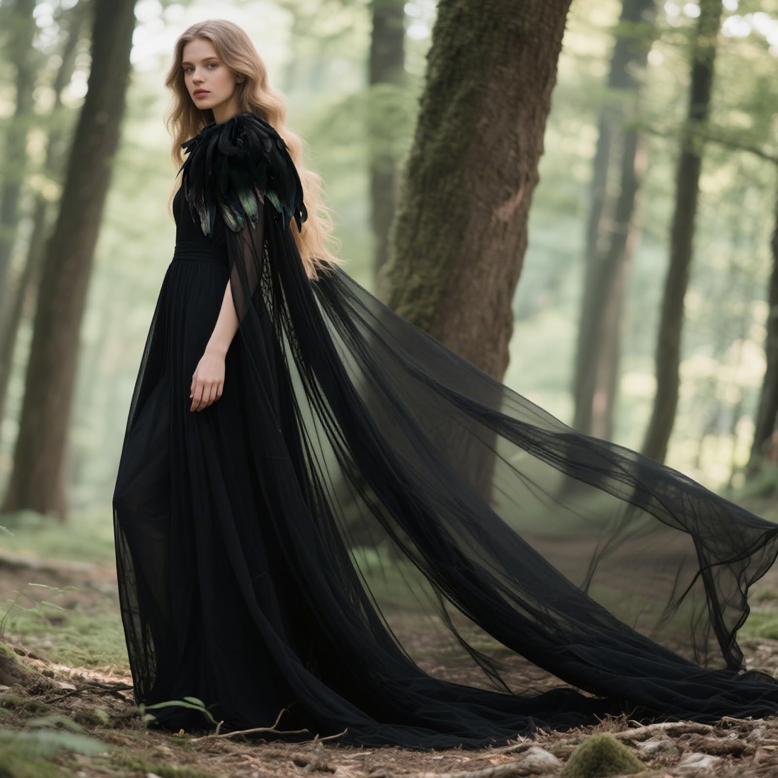 keland Czarna tiulowa peleryna długa z kołnierzem sprężynowym Pióro Cape Halloween Maleficent akcesoria (czarna)