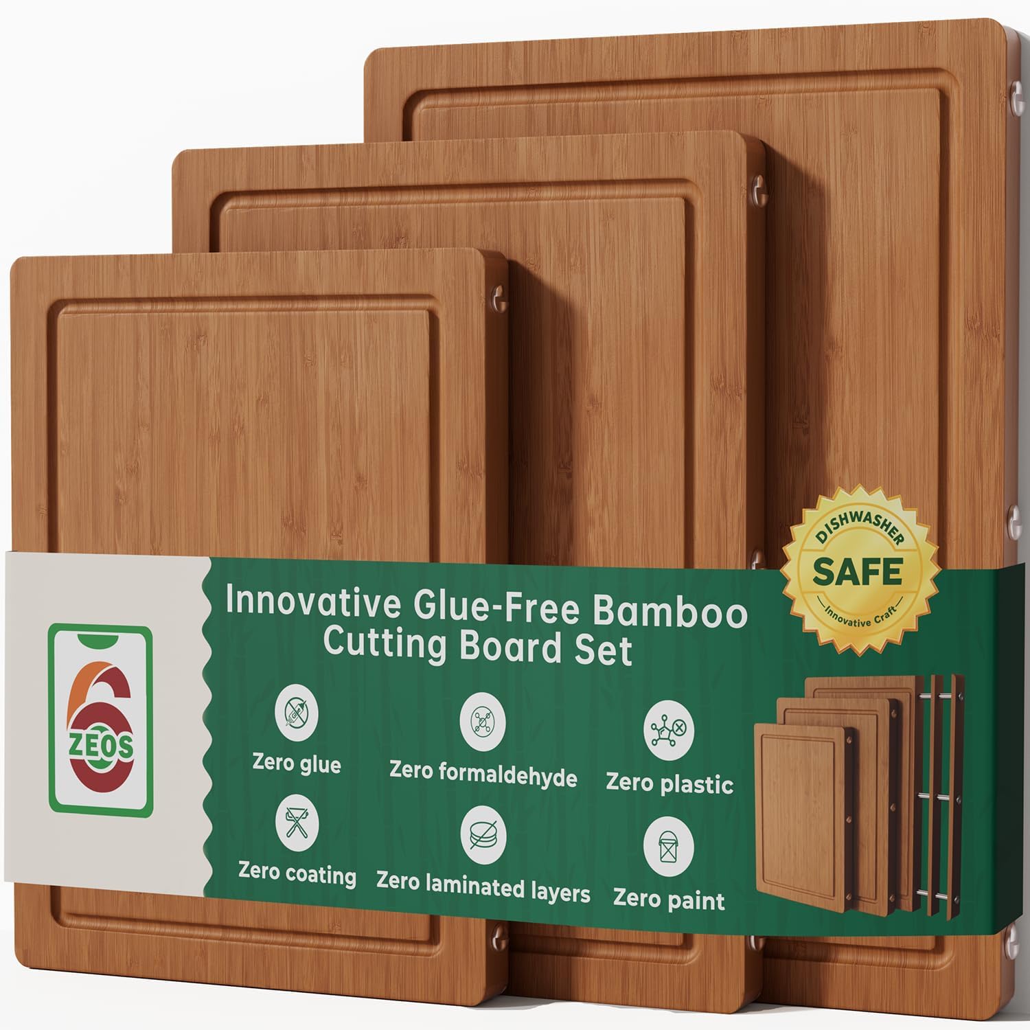 3Pcs Formaldehyde Free, Glue Free, Natual Bamboo Cutting Board Set