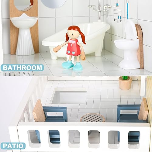 Miniatura 4 de Juego de muebles de casa de muñecas de madera, 43 muebles y accesorios para casa de muñecas con 5 muñecas familiares, muebles de casa de muñecas en