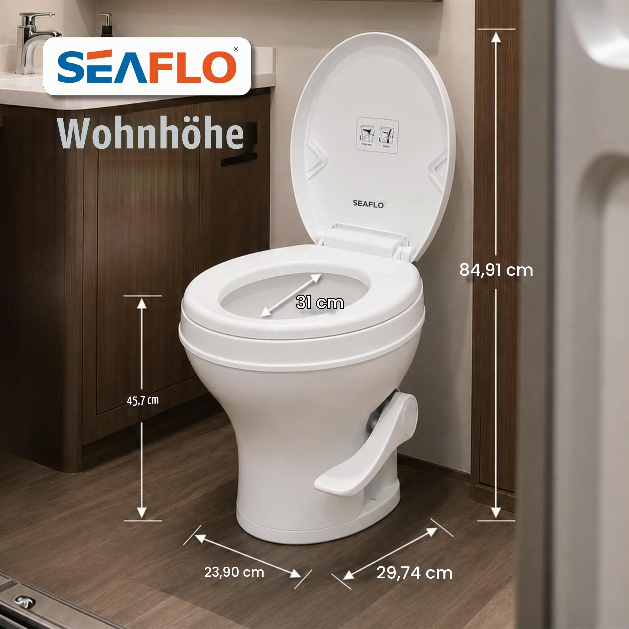 SEAFLO Wohnmobil-WC – Standardhöhe, Schwerkraftspülung, Fußpedal, sanft schließender Deckel