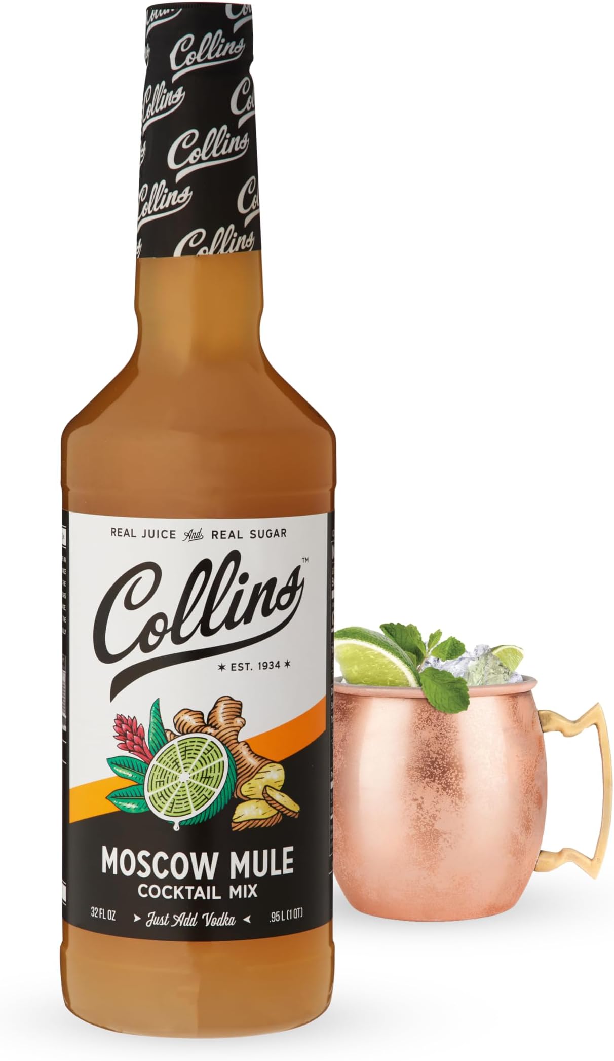 Collins Moscow Mule Mix | Made With Lime Juice and Real Sugar With Natural Flavors | Classic Cocktail Recipe Ingredient, 32 fl oz