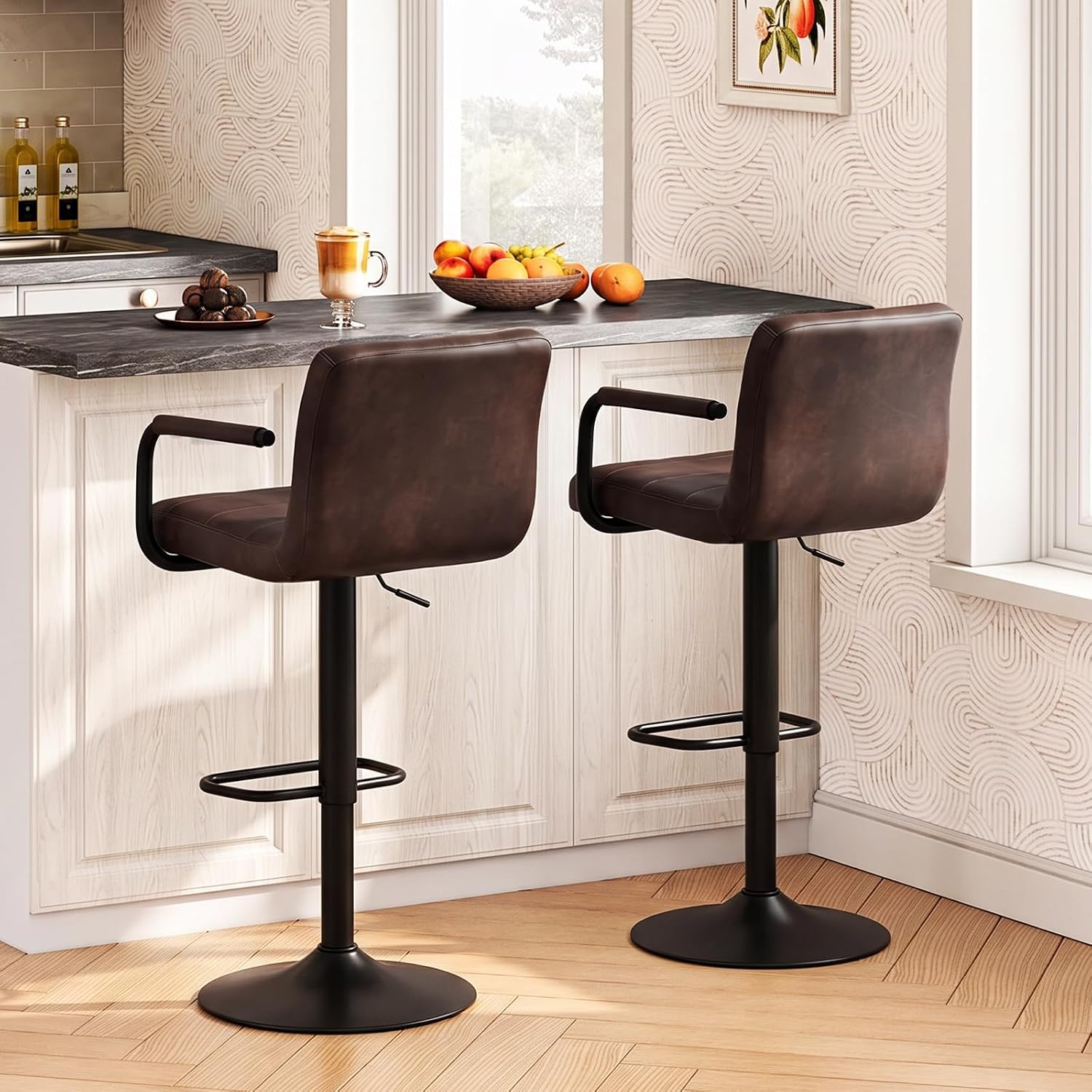 Adjustable PU Leather Swivel Bar Stools Set of 2 with Armrests | 360° Swivel, Anti‑slip, Upholstered, Industrial Style, Counter Height, Armrests &Footrest, Kitchen Island, Bar, Dining Room