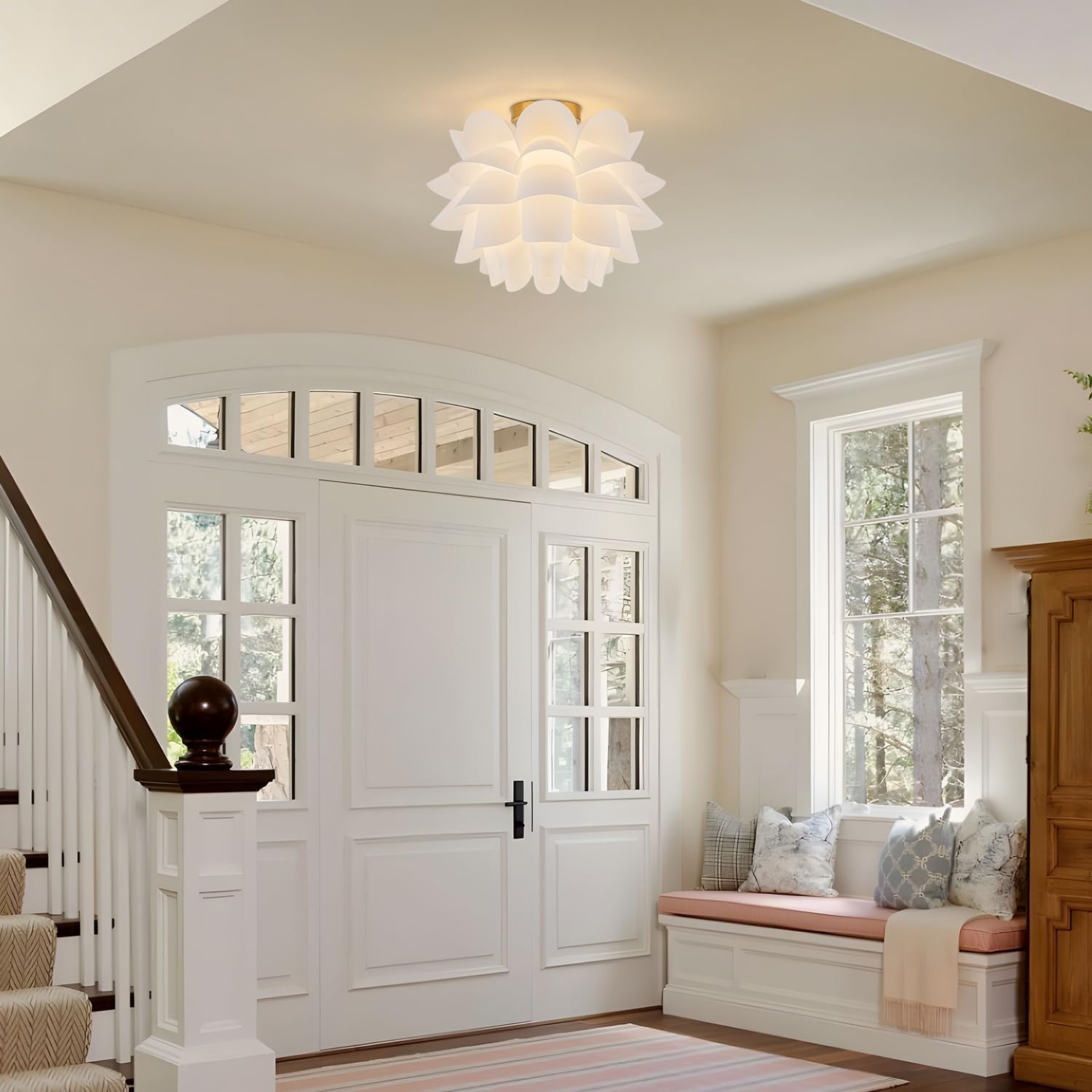 15.75" Modern Flush Mount Ceiling Light fixtures,Gold Semi Flush Mount Flower Chandelier for Bedroom.No Assembly Required Hand-Crafted Indoor Hanging Light for Entryway Living Room Kitchen