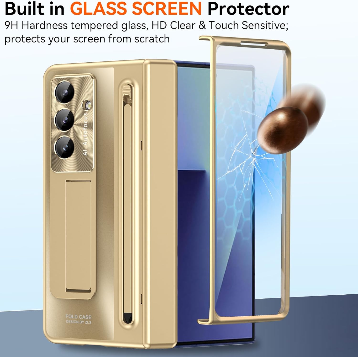 for Samsung Galaxy Z Fold 7 Case with S Pen Holder & Stylus Pen, Z Fold7 Full Coverage Phone Case with Kickstand HD Screen Protector Anti-Scratch Stand Protective Cover for Z Fold 7 Gold