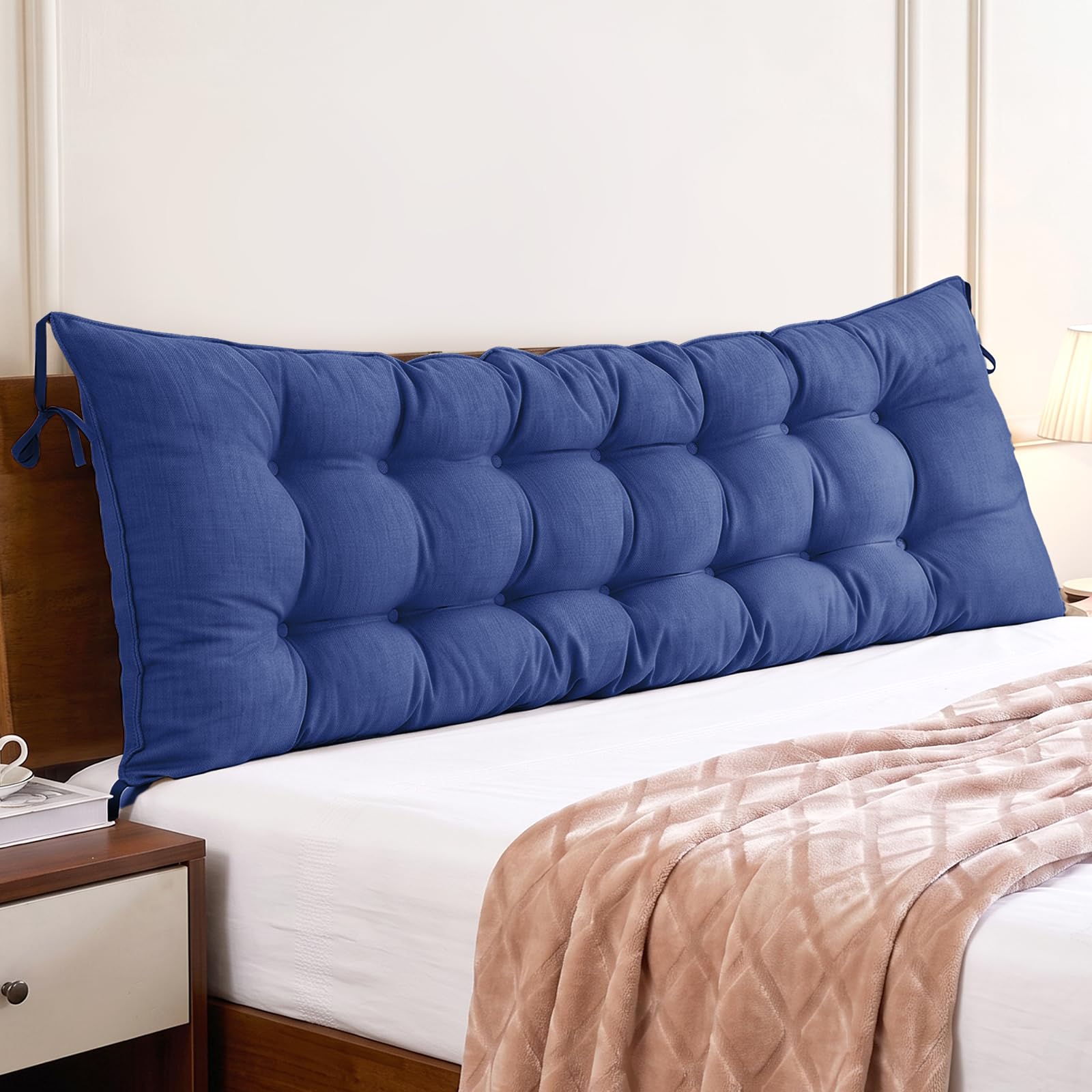 AHSBND Lumbar Support Cushion Headboard: Sofa Back Soft with Ties Wedge Replacement Waist backrest Pillow Triangular Rest Reading Bolster for Bed Adult (Dark blue, 180 * 50cm*20cm)