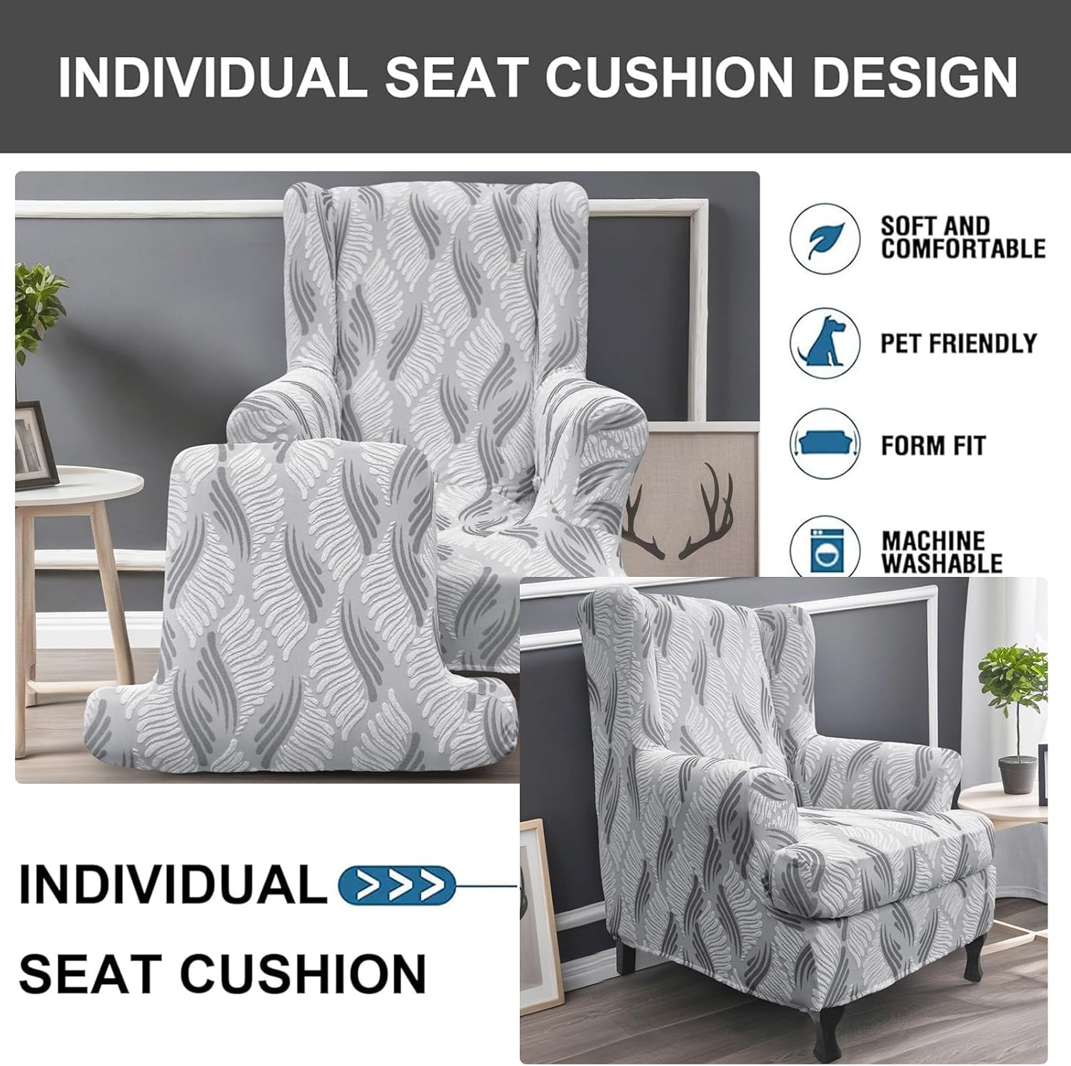 Eco-Ancheng Wingback Chair Cover Wingback Chair Slipcover 2-Piece Wingback Sofa Slipcover Wingback Armchair Slipcovers Furniture Protector with Elastic Bottom for Living Room Bedroom Wingback Chair,49