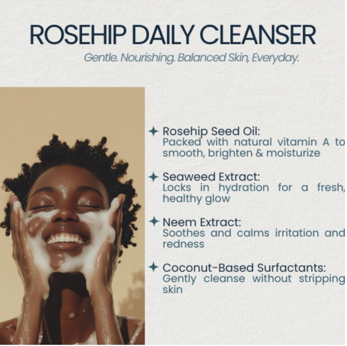 MD Rosehip Daily Face Cleanser – Doctor Developed - Hydrating Gel Wash with Seaweed, Neem & Rosehip Seed Oil – Vitamin A Rich, Anti-Aging, Soothing & Deep Cleansing – For All Skin Types – 4oz - Image 6