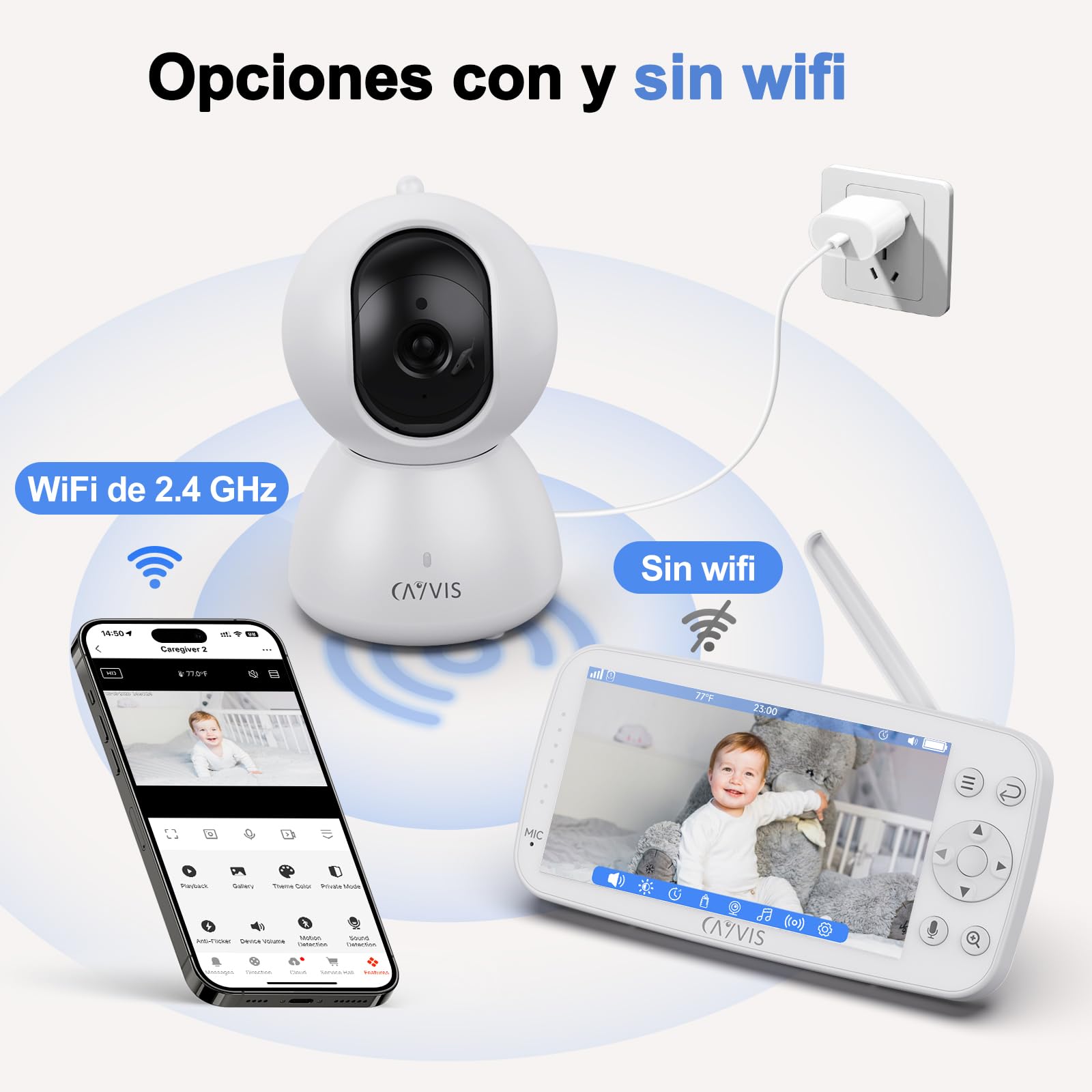 Vigilabebés con cámara de 1080P, 5" LCD-IPS - Cámara de bebé WiFi vídeo babyfone PTZ 360, visión Nocturna detección Movimientos cunas, Bebe Monitoreo Baby Phone