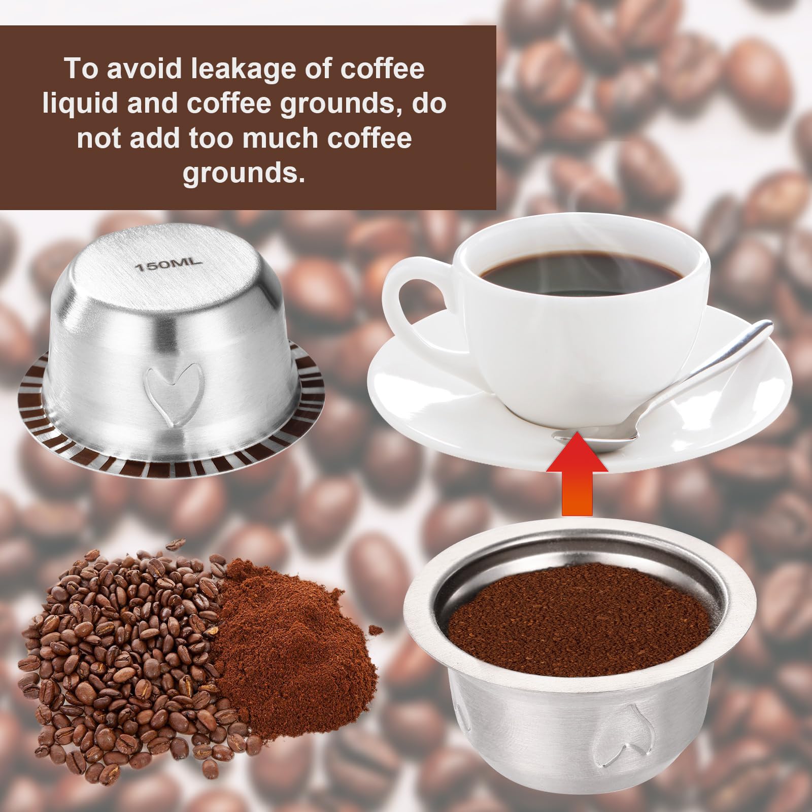 XIHIRCD Capsule Caffè Riutilizzabili Set per Vertuo, Acciaio Inossidabile 150ml Ricaricabili Accessori Capsule Caffe con Coperchio Cucchiaio Pennello Compatibili con Delonghi ENV135 ENV150