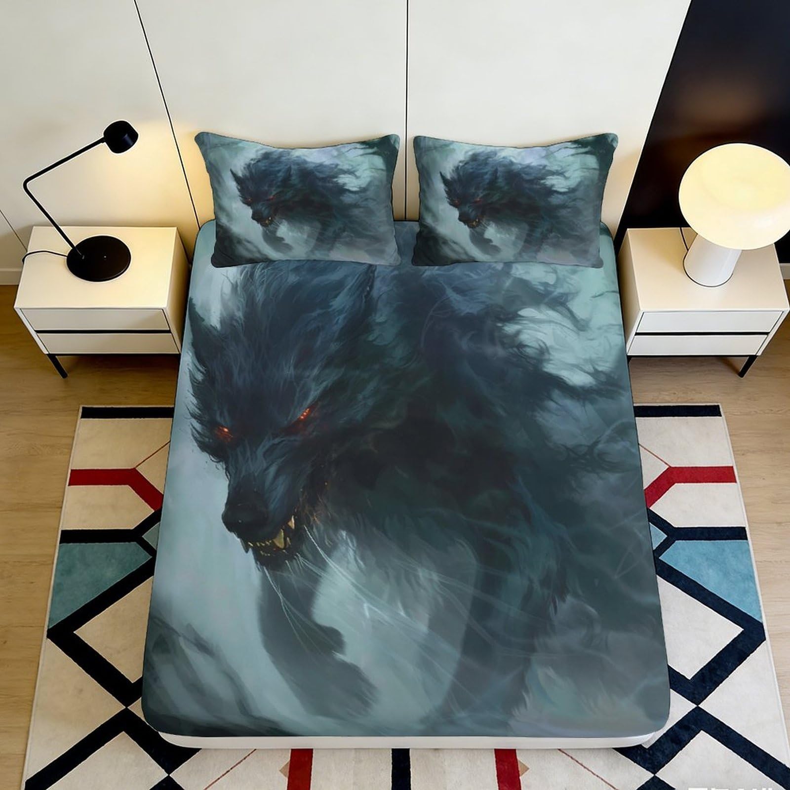 3D Printed Dark Wolf Fitted Sheet Microfiber Soft Durable Fierce Creature Bed Cover for Bedroom Dormitory Guest Room Mattress Protection 90x200x25cm