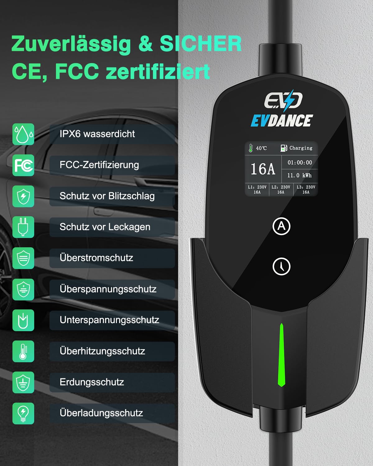 EVDANCE Mobile Wallbox 11kW [7.8m 3-Phasig 6-16A] Typ 2 Ladekabel CEE 16A auf Typ 2 mit Einstellbarer Ladeleistung für Elektroauto