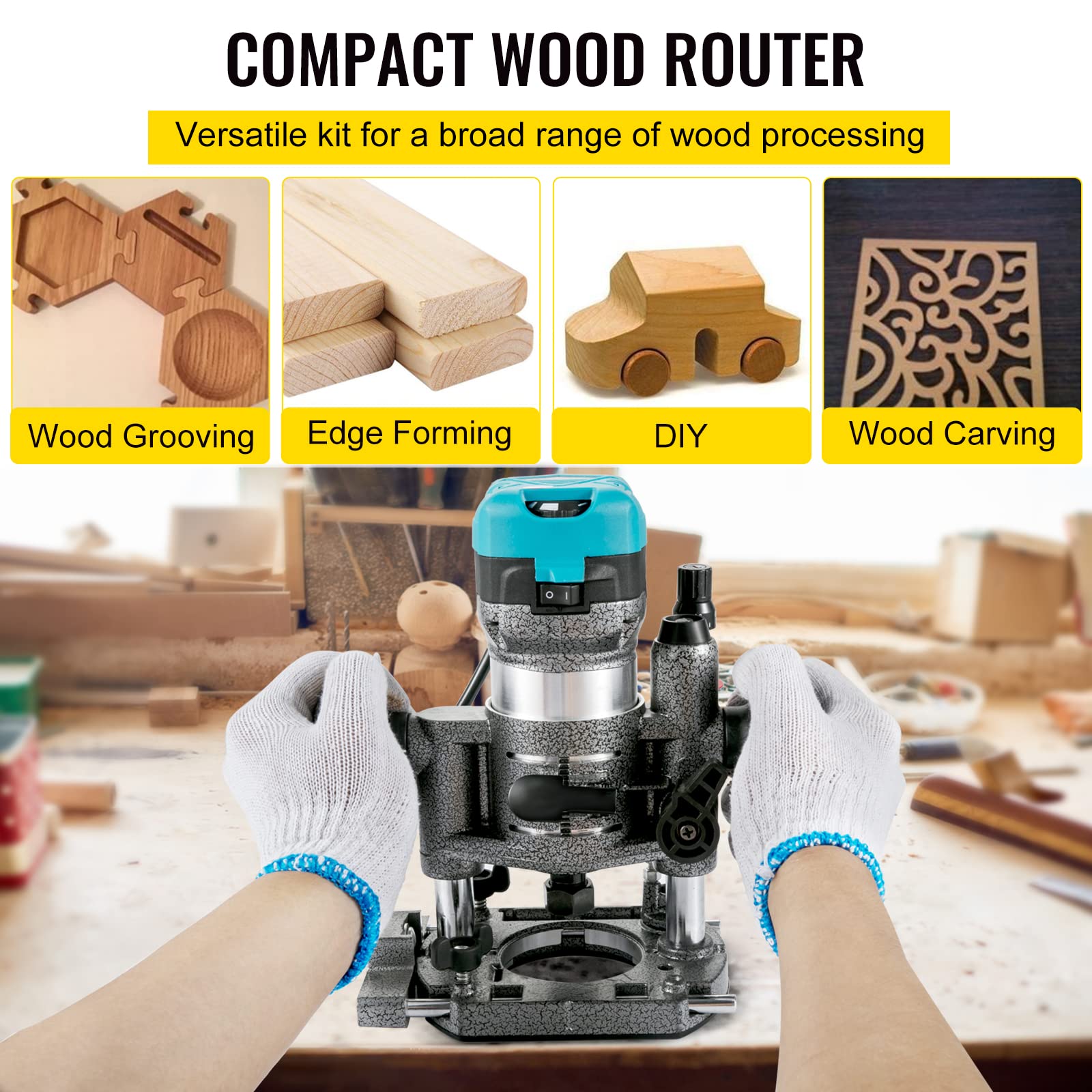 VEVOR Défonceuse Électrique 710W Affleureuse à Bois avec 4 Bases Fixe+Inclinable+Plongeante+Décalée, Outil Routeur Flexible avec Mèches 6 mm+8 mm 3 Pinces pour Rainurage Formage Sculpture du Bois