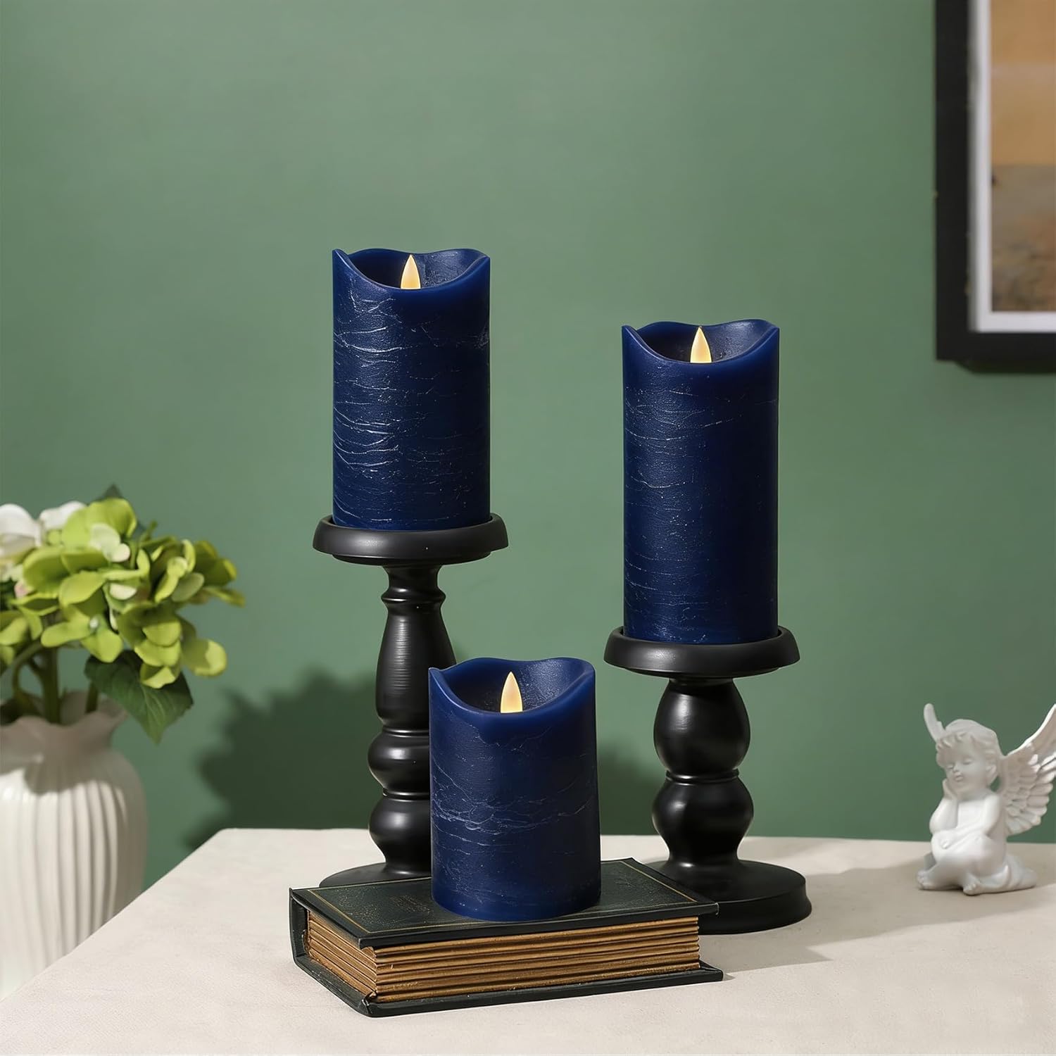 Real Wax Flameless Candles Set of 3 (D 3" x H 4" 5" 6") Battery Operated LED Candle with Timer Home Decorative Pillar Flickering Lights,Wedding Party Events Decor,Navy Blue