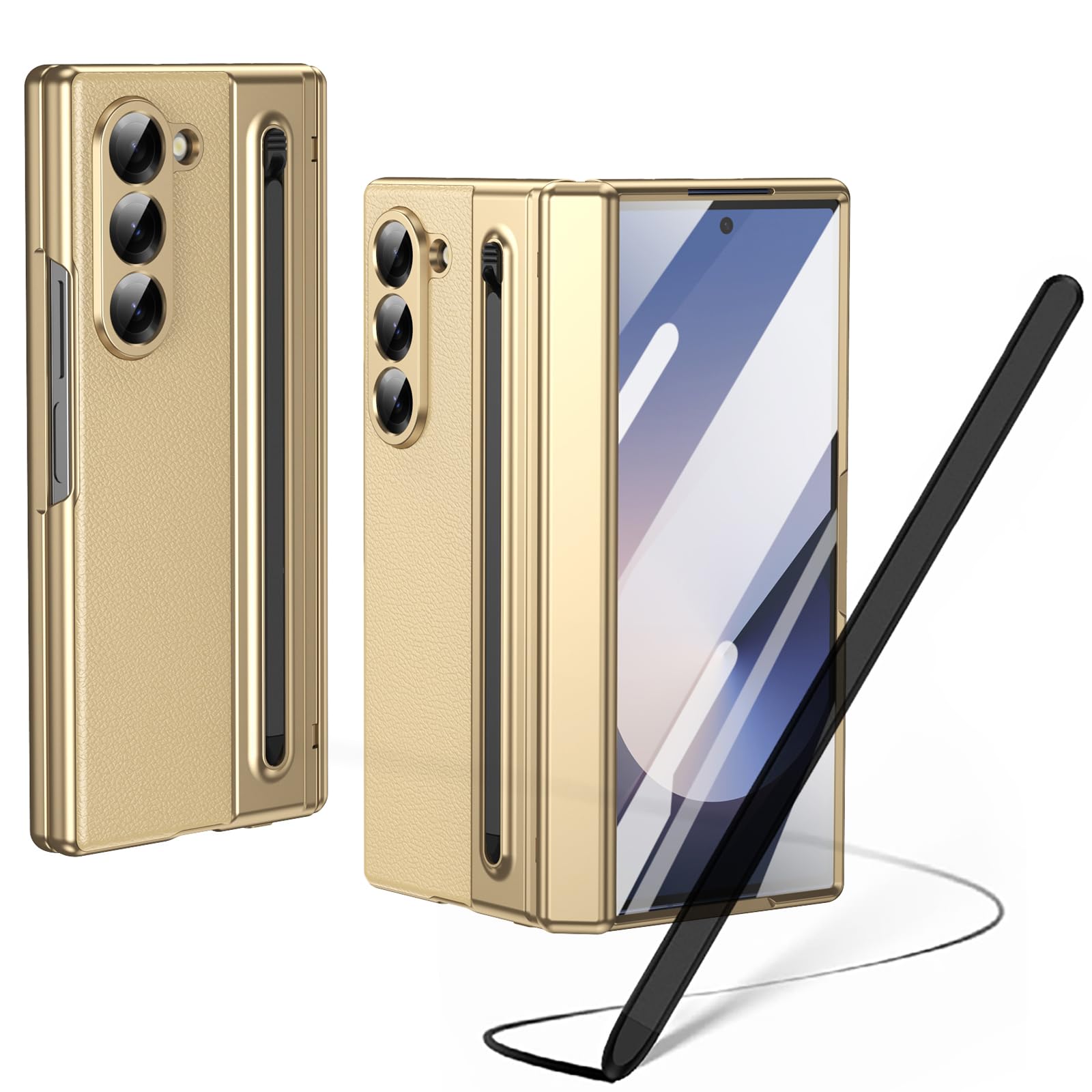 Custodia per Galaxy Z Fold6 con penna stilo, custodia per Fold 6 con protezione per lo schermo + slot per S Pen, custodia in pelle per Samsung Galaxy Z Fold6 con cerniera-Oro