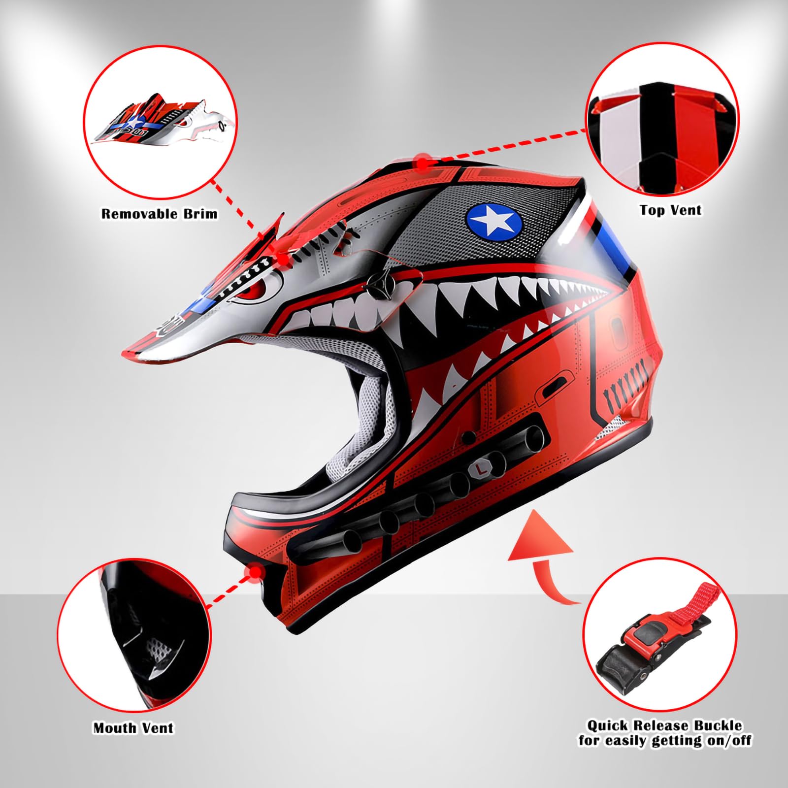 WOW Youth Kids Motocross BMX MX ATV Dirt Bike Moutain Helmet Shark Red