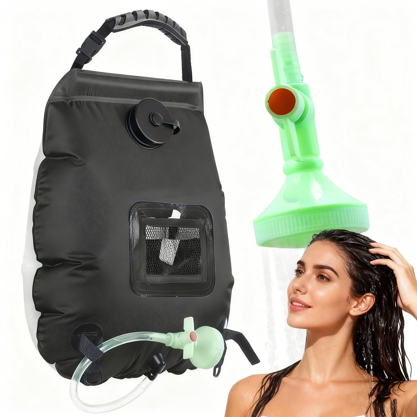 Ducha solar portátil con cabezal desmontable y termómetro, ideal para camping, senderismo, playa y viajes al aire libre
