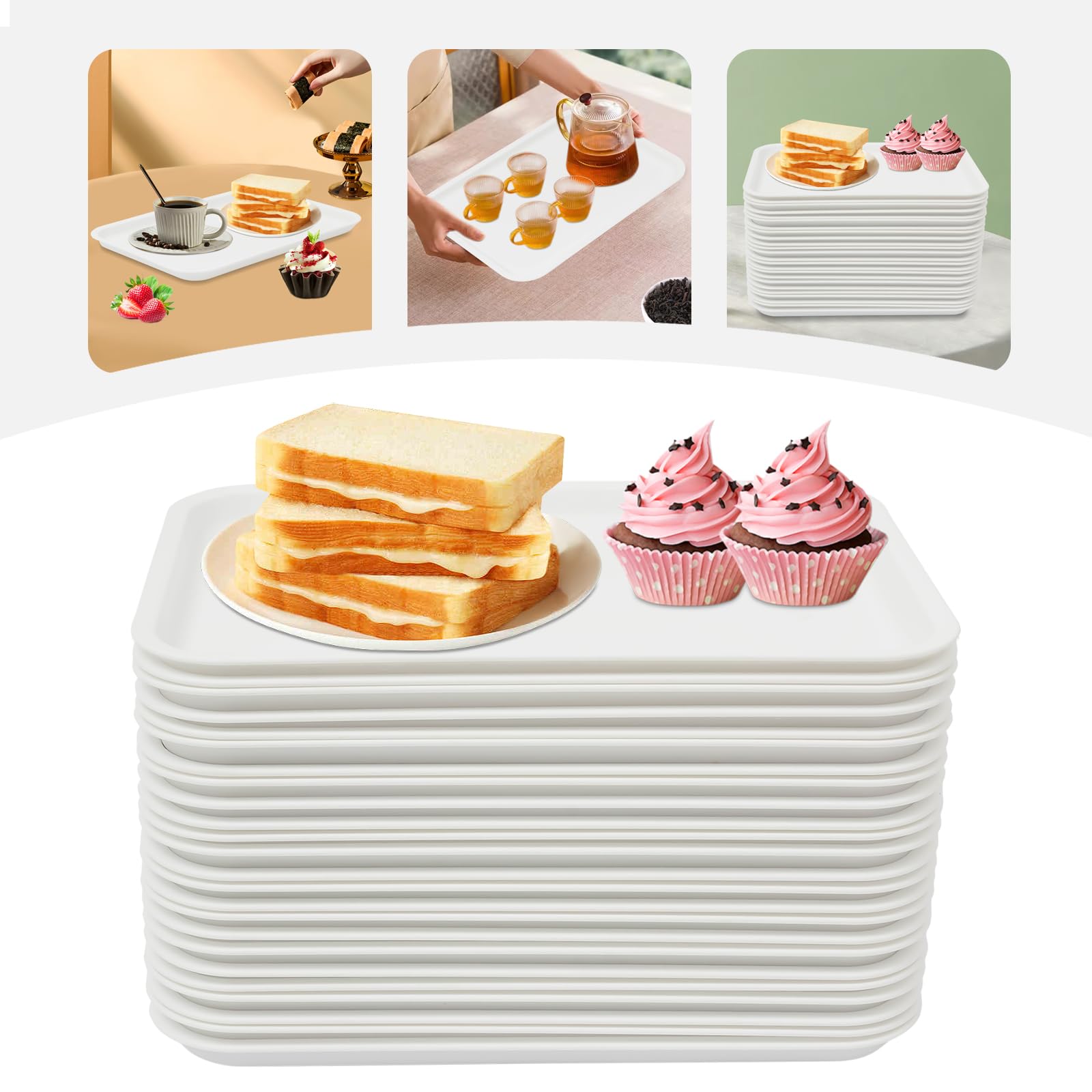 Lot de 24 Plateaux Service Blanc 36x27cm PP Antidérapant Empilables