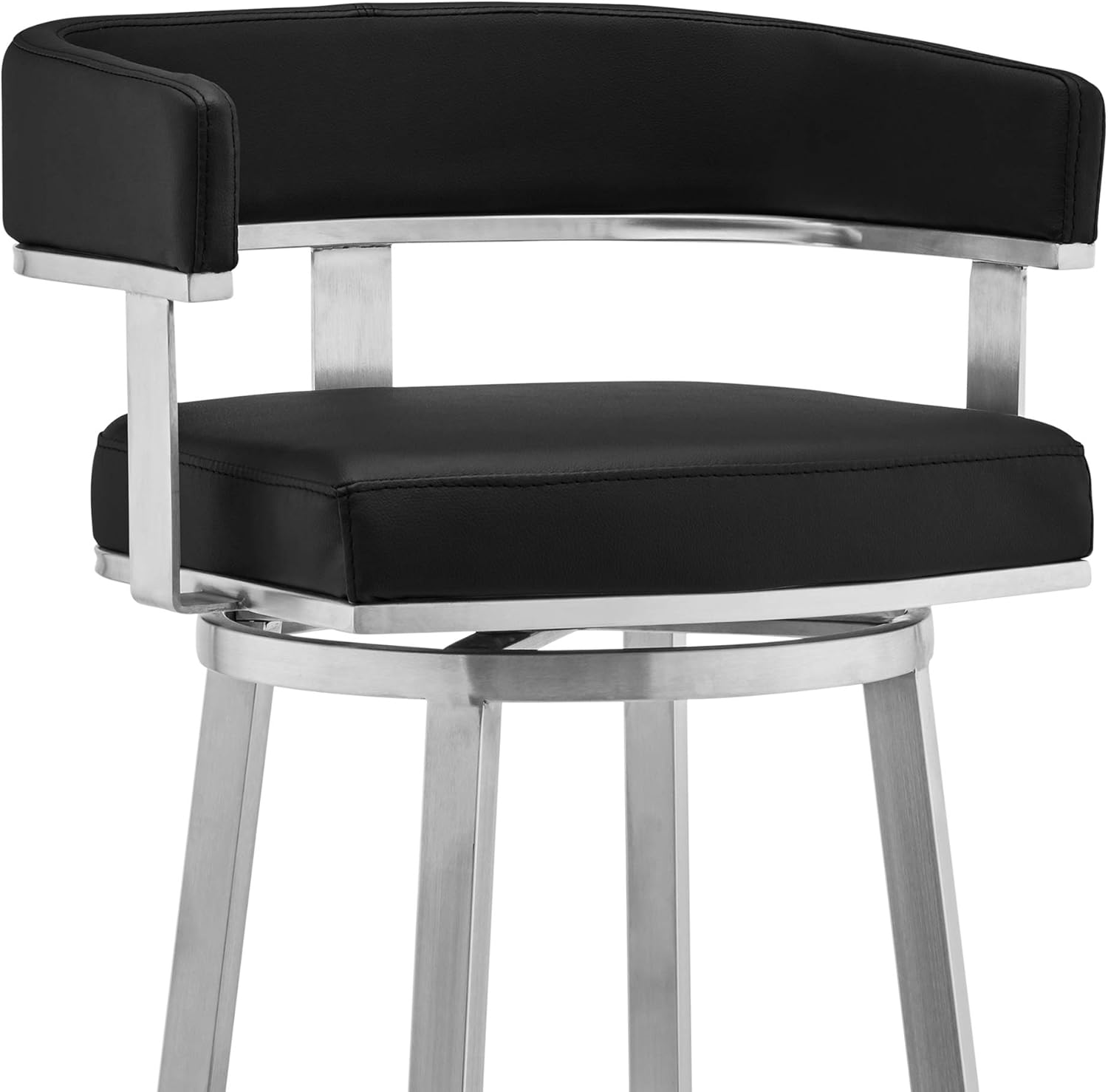 Armen Living Lorin Modern 26" Seat Height Black Faux Leather and Brushed Stainless Steel Metal Swivel Bar Stool for Kitchen Island Counter