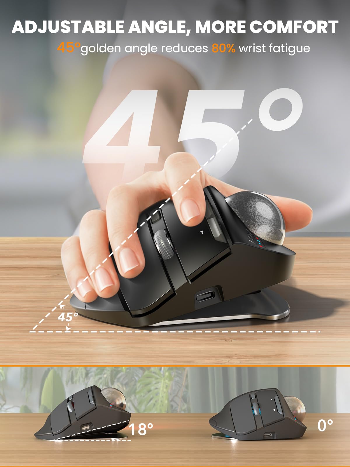 SABLUTE MAM1 Pro - Ratón ergonómico inalámbrico Trackball, ángulo ajustable de 0°/18°, ratones de control de pulgar, clic silencioso, 3 receptores Bluetooth y USB multidispositivos, mouse recargable