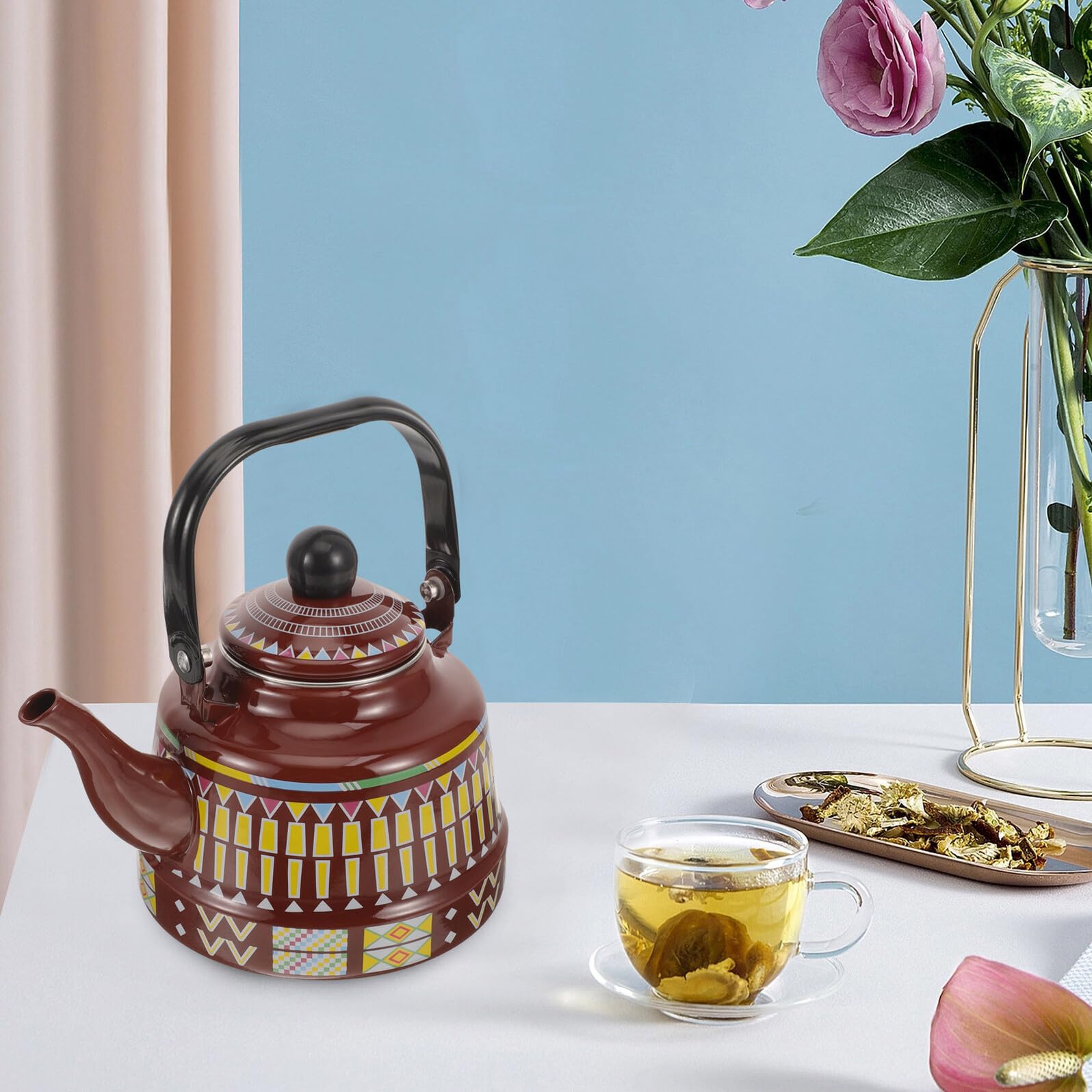 Homoyoyo Hervidor de Agua Vintage 1,7 Litros Esmaltado Tetera para Estufa Asa Tetera para Cocina Uso Diario Camping y Hogar Diseño Geométrico Marrón