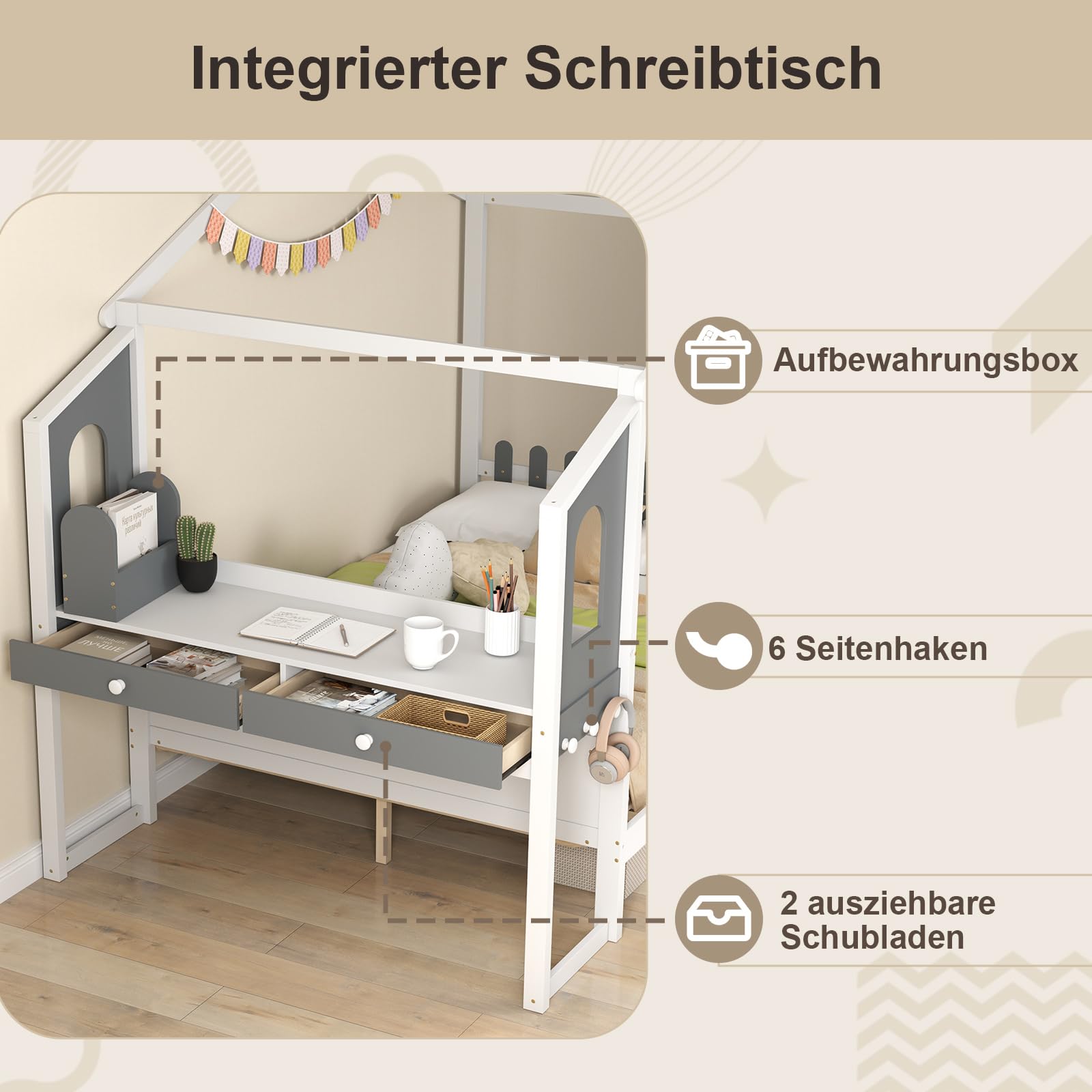 COSTWAY Hausbett mit Schreibtisch 140x200 cm, Kinderbett mit Lattenrost, Schreibtisch mit Aufbewahrungsbox, Schubladen und Haken, Jugendbett, Holzbett für Kinder, Weiß