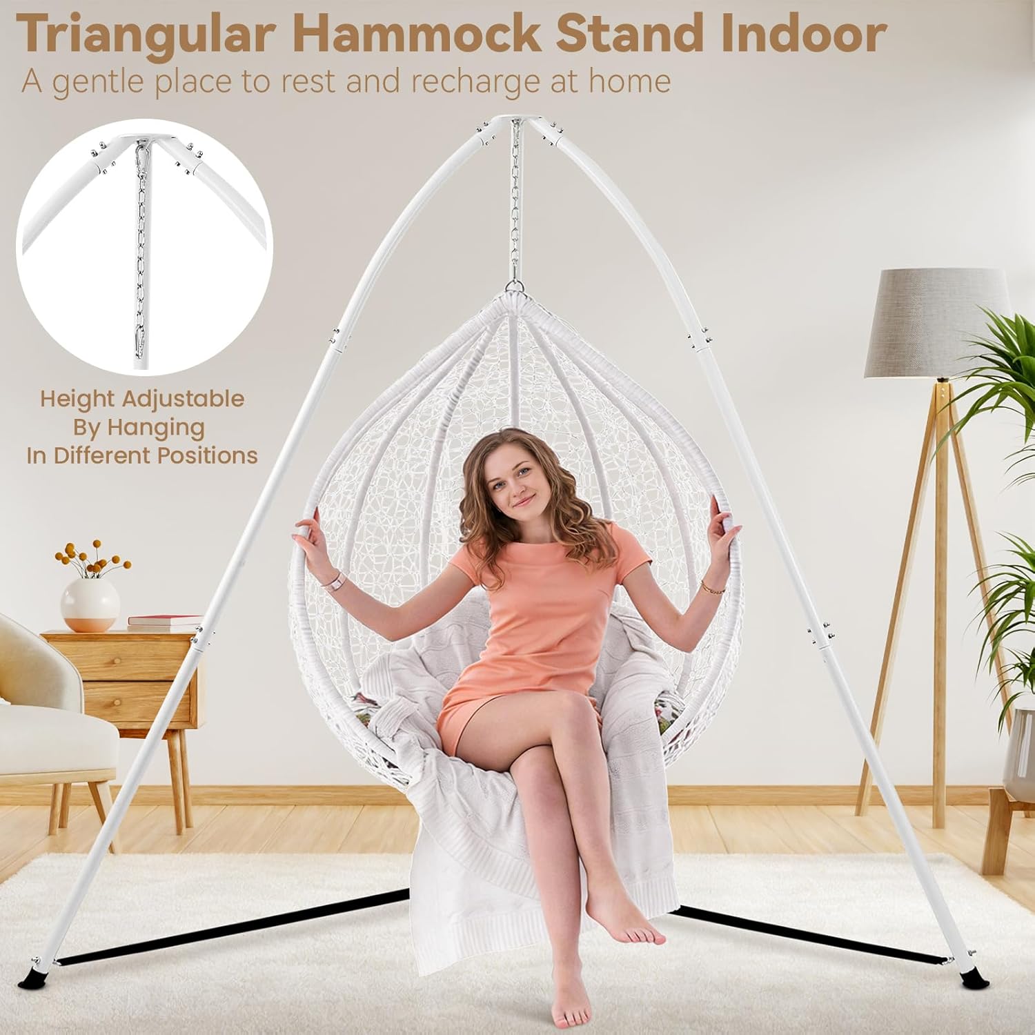 Tripod Hammock Chair Stand for Multi-Use, Heavy-Duty Hammock Chair Stand for Indoor & Outdoor, with Height Adjustable Triangular Design, 330 lbs Capacity, Easy Assembly, Stand Only - White