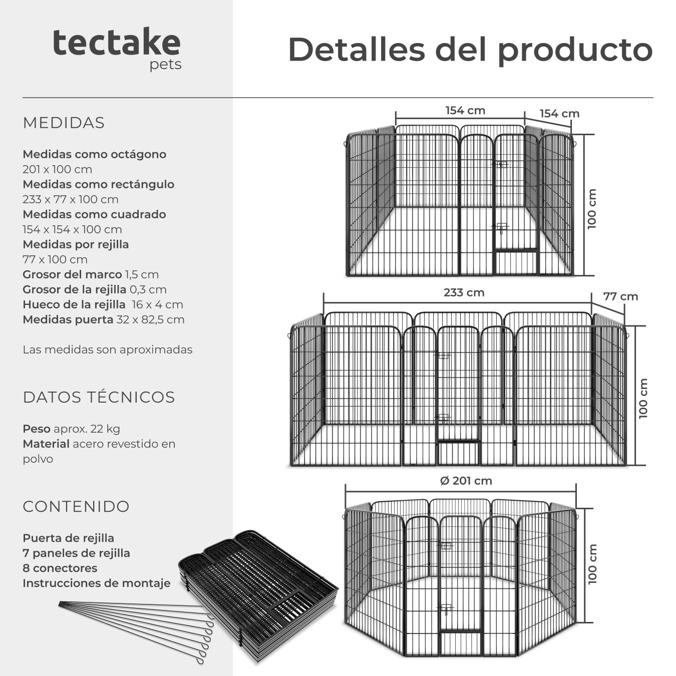 tectake® Parque para Perros y Conejos, Puerta Seguridad para Niños y Mascotas, Valla Metálica, Jaula Perro Grande, Barrera de Seguridad Plegable, Parque Perros y Conejos, Doble Cierre - 100 cm Alto