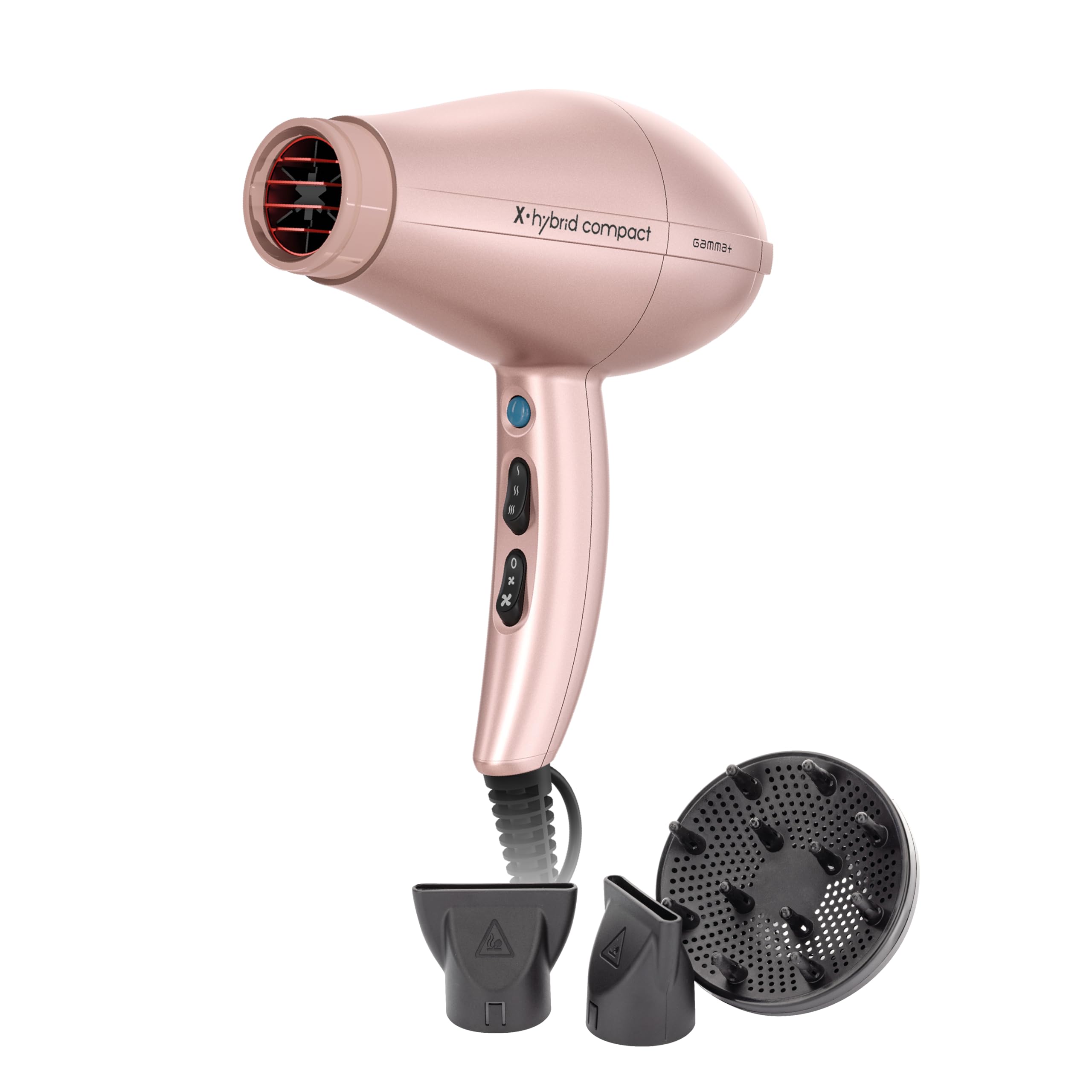 GAMMA+ Asciugacapelli Professionale X-Hybrid Compact, Phon per Capelli Leggero e Compatto, Tecnologia Ionica, Griglia Rivestita in Tormalina, 1800-2100W (Gold Rose)