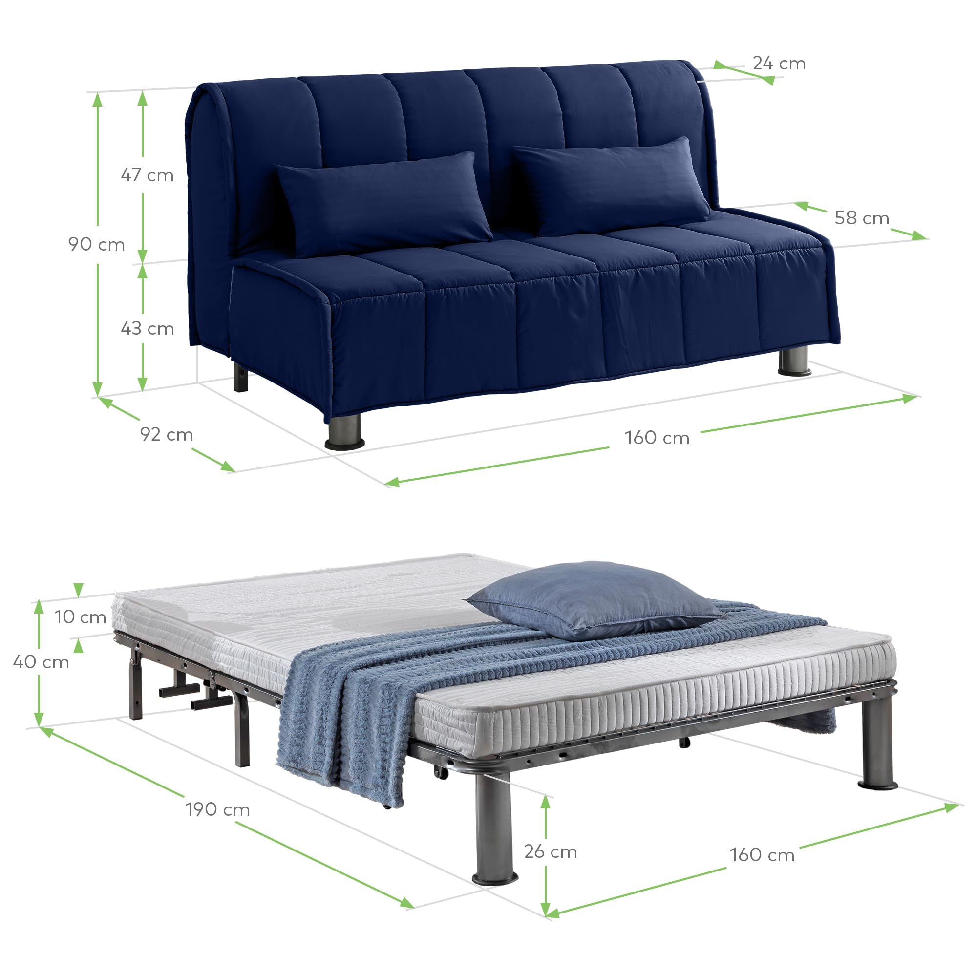 EVERGREENWEB - Divano Letto 3 Posti con Materasso Matrimoniale 160x190 Ortopedico, Prontoletto RICHIUDIBILE con Rivestimento SFODERABILE e Lavabile, Coppia Cuscini SUPERSOFT Abbinati color Blu EVENING
