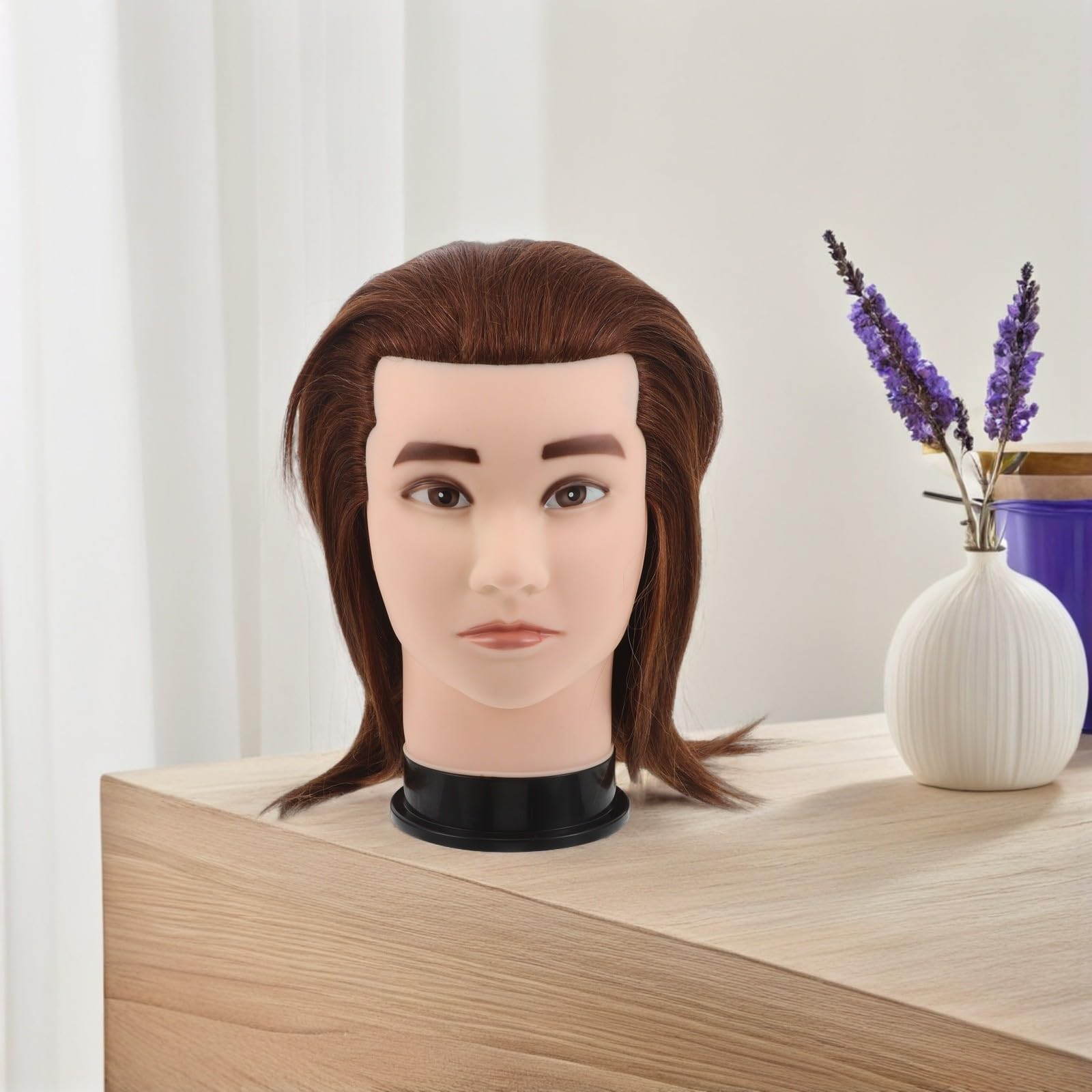 Housoutil Übungskopf mit Echthaar für Friseurübungen Braun 25cm Männlicher Haar Stylingkopf für Bartpflege und Kosmetikschulung Herrenfrisur Tutorial