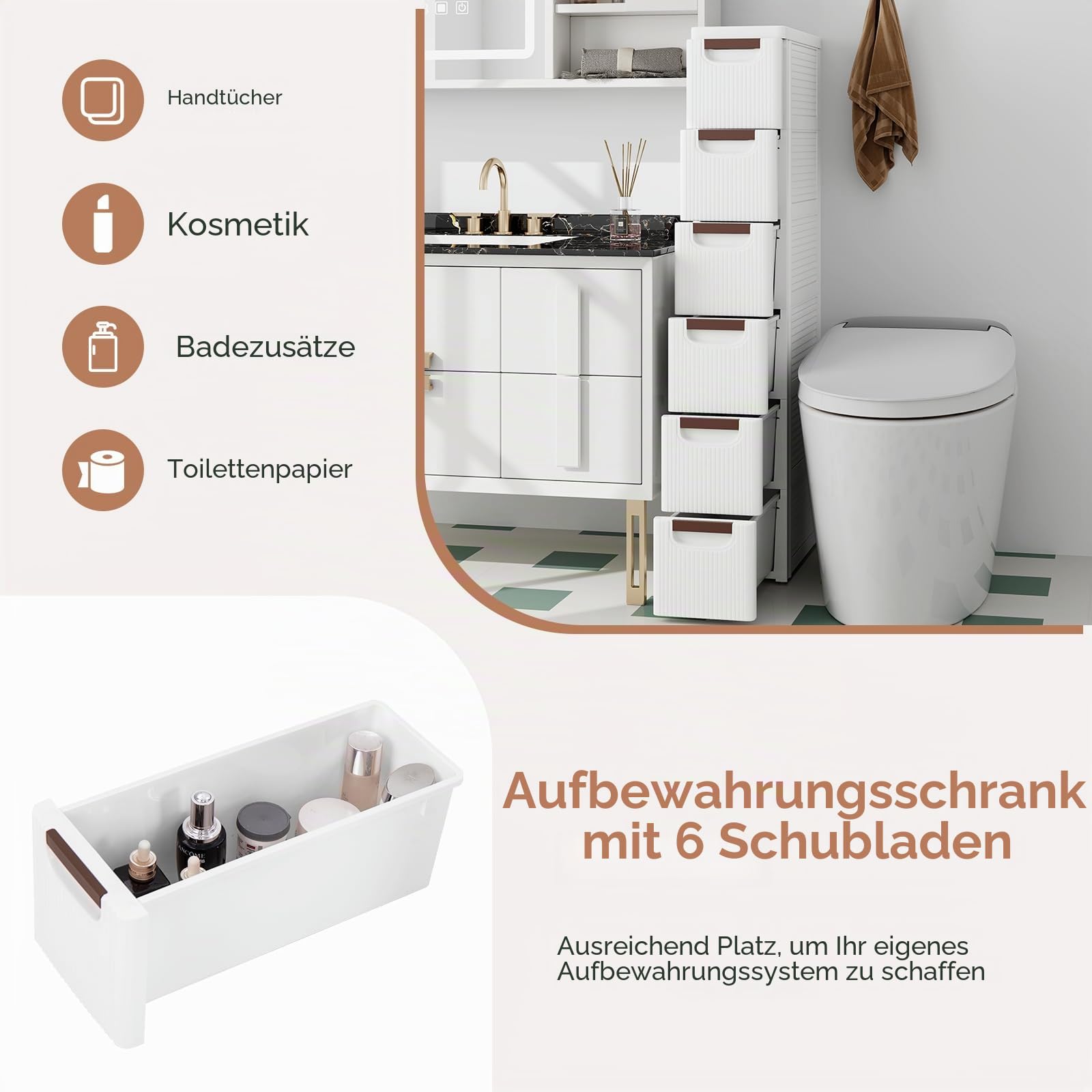 GIANTEX Nischenschrank Nischenregal 19 cm breit, Nischenwagen auf Rollen, Schmaler Rollschrank Rollwagen mit 6 Schubladen, Badschrank Badrollwagen kleiner Schubladenschrank Toilettenschrank für Bad