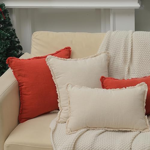 Miniatura 7 de Hckot Funda de almohada de lino de Navidad de 20 x 20 pulgadas, funda de almohada roja con borlas y flecos, cojines decorativos rústicos para sofá,
