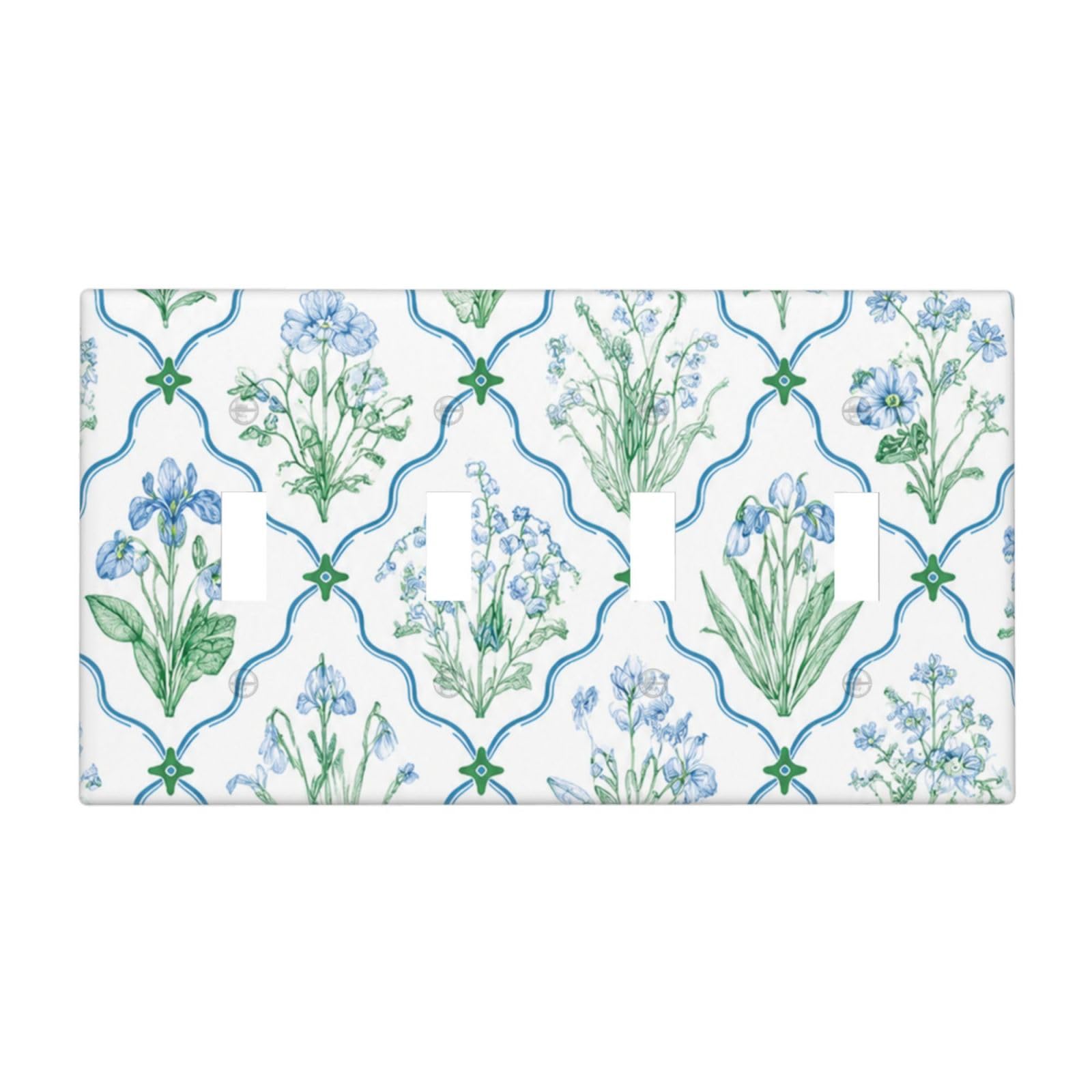 Dwbguo Cottagecore Botanical Decorative Light Switch Plate Covers Vintage Blue Green Botanical Wildflower Grid 4 Gang Artistic Wall Plate Unique Quad Toggle Light Switch Covers For Farmhouse Kitchen Decor