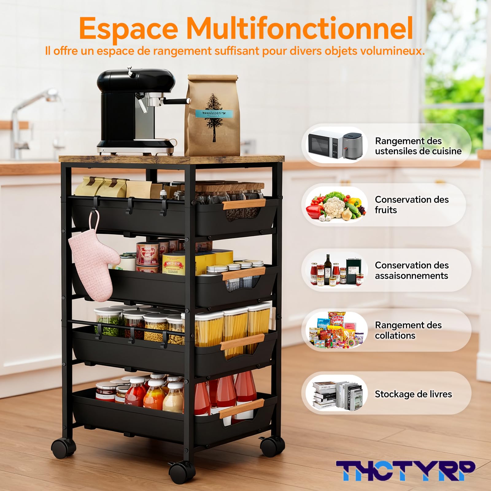 desserte à roulettes, Etagere Salle de Bain, Chariot 5 étages 4 tiroirs, roulettes 360° avec 2 Freins, adapté pour Cuisine et Salon, Salle de Bain, etc.