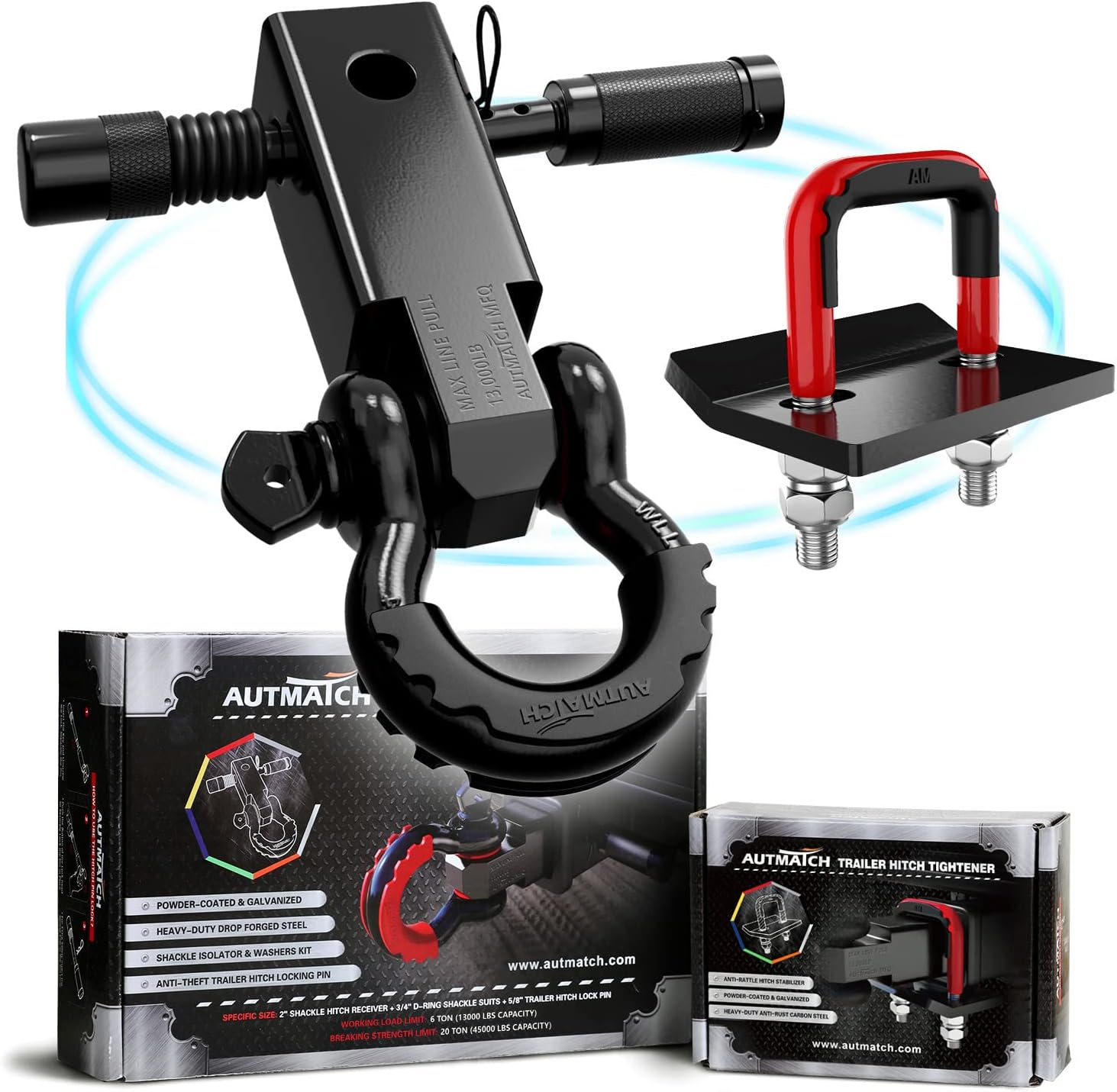 AUTMATCH Shackle Hitch Receiver 2 Inch with Hitch Tightener Anti-Rattle Clamp, 3/4" D Ring Shackle and 5/8" Trailer Hitch Lock Pin, Heavy Duty Receiver Kit for Vehicle Recovery, Black