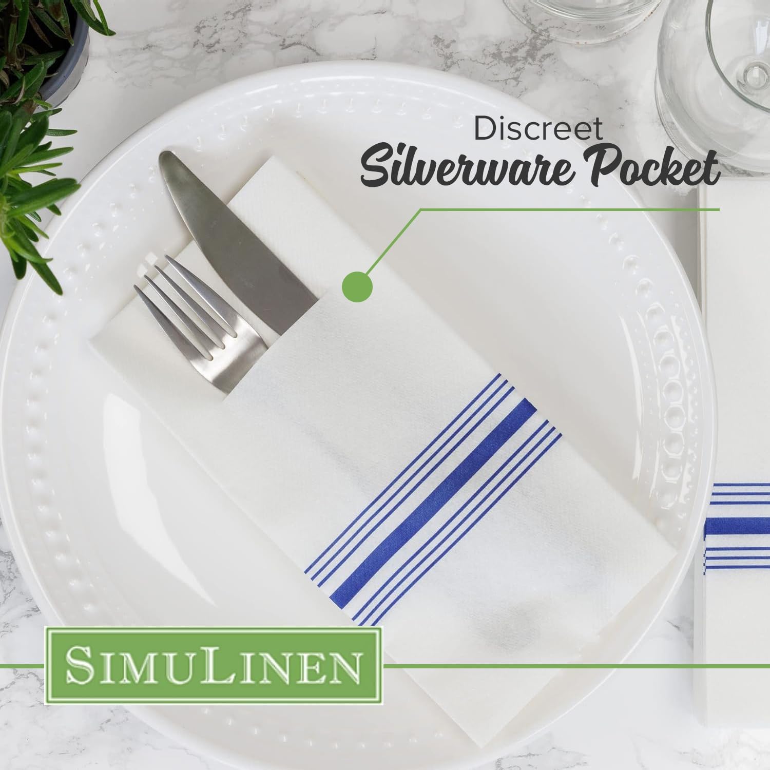 SimuLinen White and Blue Bistro Disposable Dinner Napkins with Pocket for Utensils, Decorative and Absorbent, Paper Napkins for Silverware, 17"x17", Box of 300