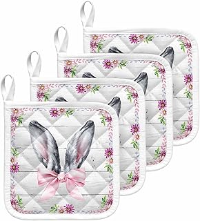 Easter Farm Rabbit Ears Pink Bow Pot Holder Set of 4,Heat-Proof Kitchen Dining Hot Pads Spring Flower on Wood Plank Non-Slip Potholders for Oven,Cooking,Baking,Stove,Countertop